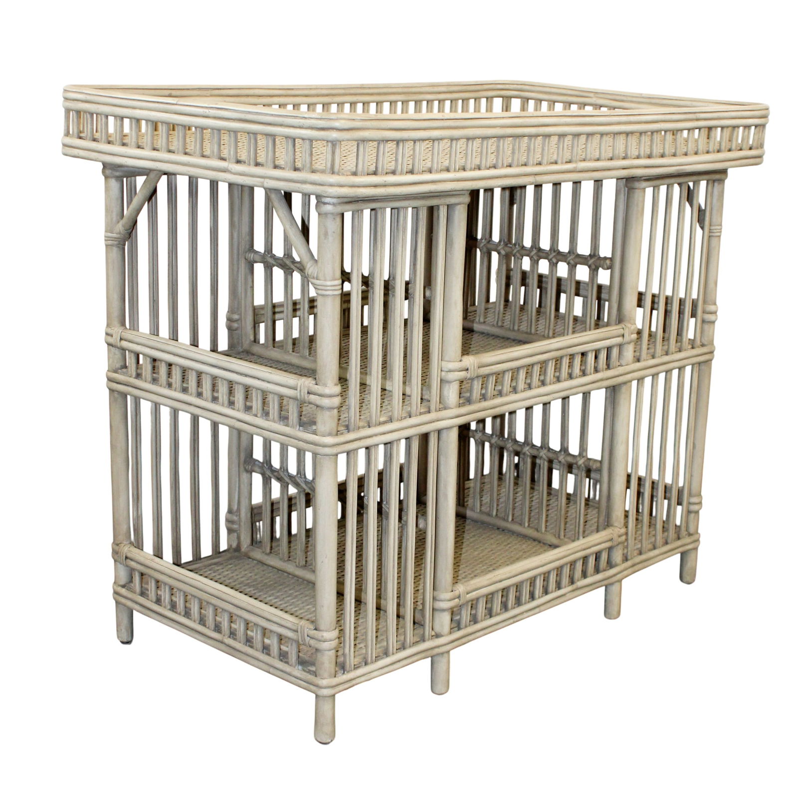 Palecek rattan and painted bamboo counter height bar table: Palecek rattan and painted bamboo counter height bar table. Late 20th century. 37 1/4"h x 45"w x 25 1/2"d