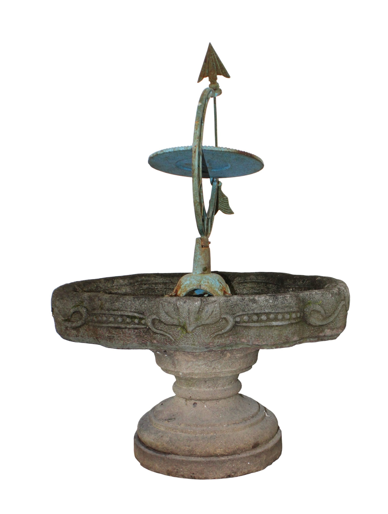 Verdigris metal astrological sundial mounted on cast concrete birdbath (1 of 8)