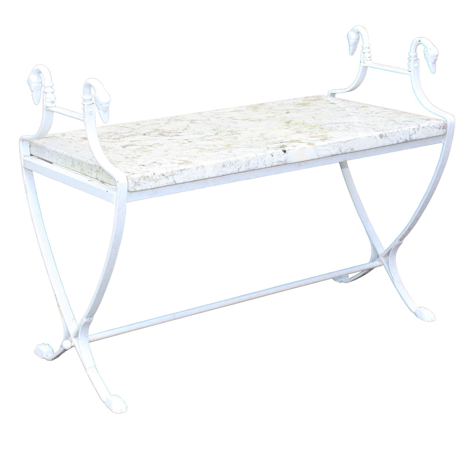 Cast iron & marble top garden bench with swan necks in white painted finish (1 of 6)