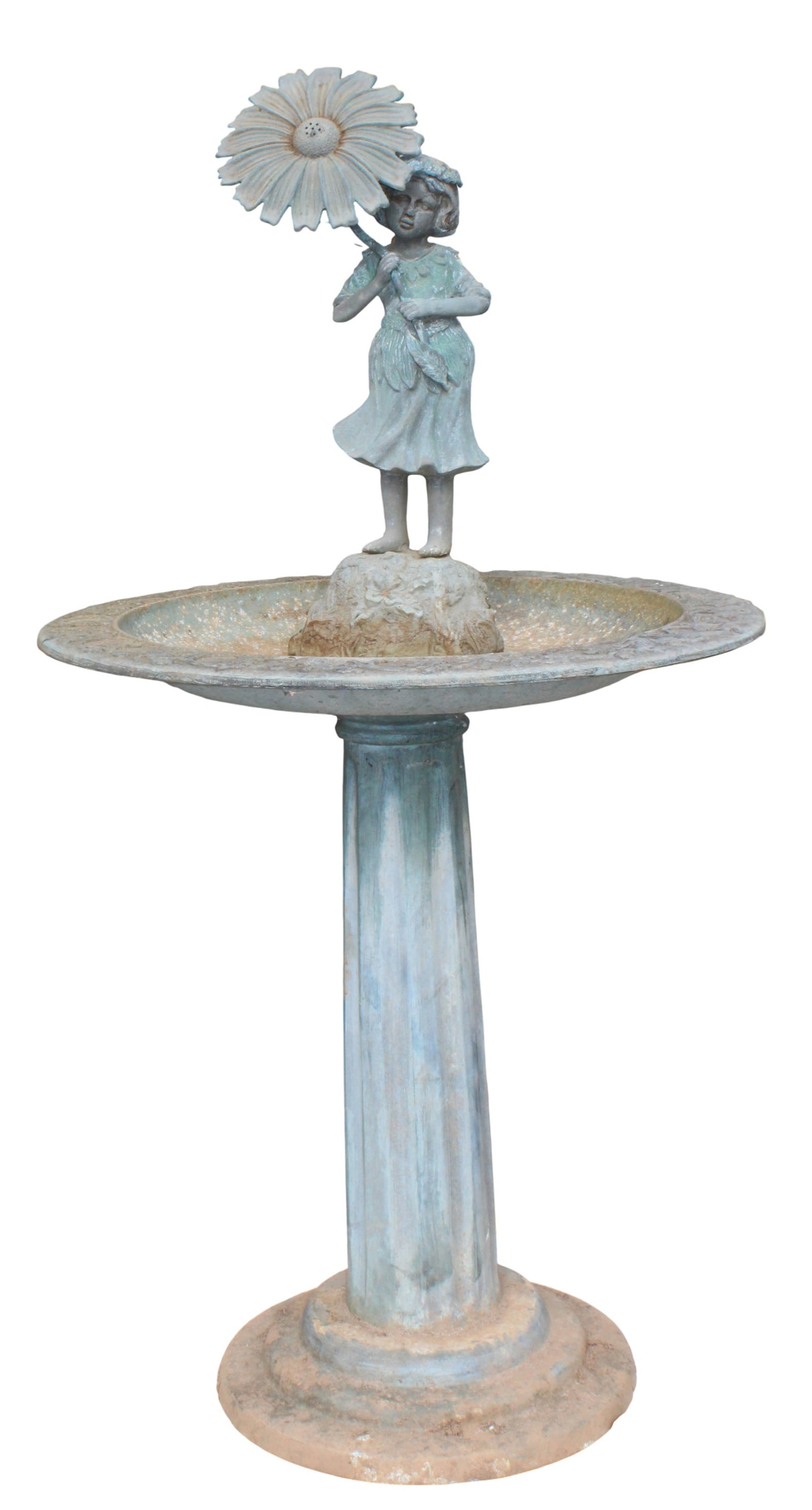 Painted cast aluminum fountain with girl holding a sunflower: Painted cast aluminum fountain with girl holding a sunflower. Late 20th century. 55"h x 26" dia