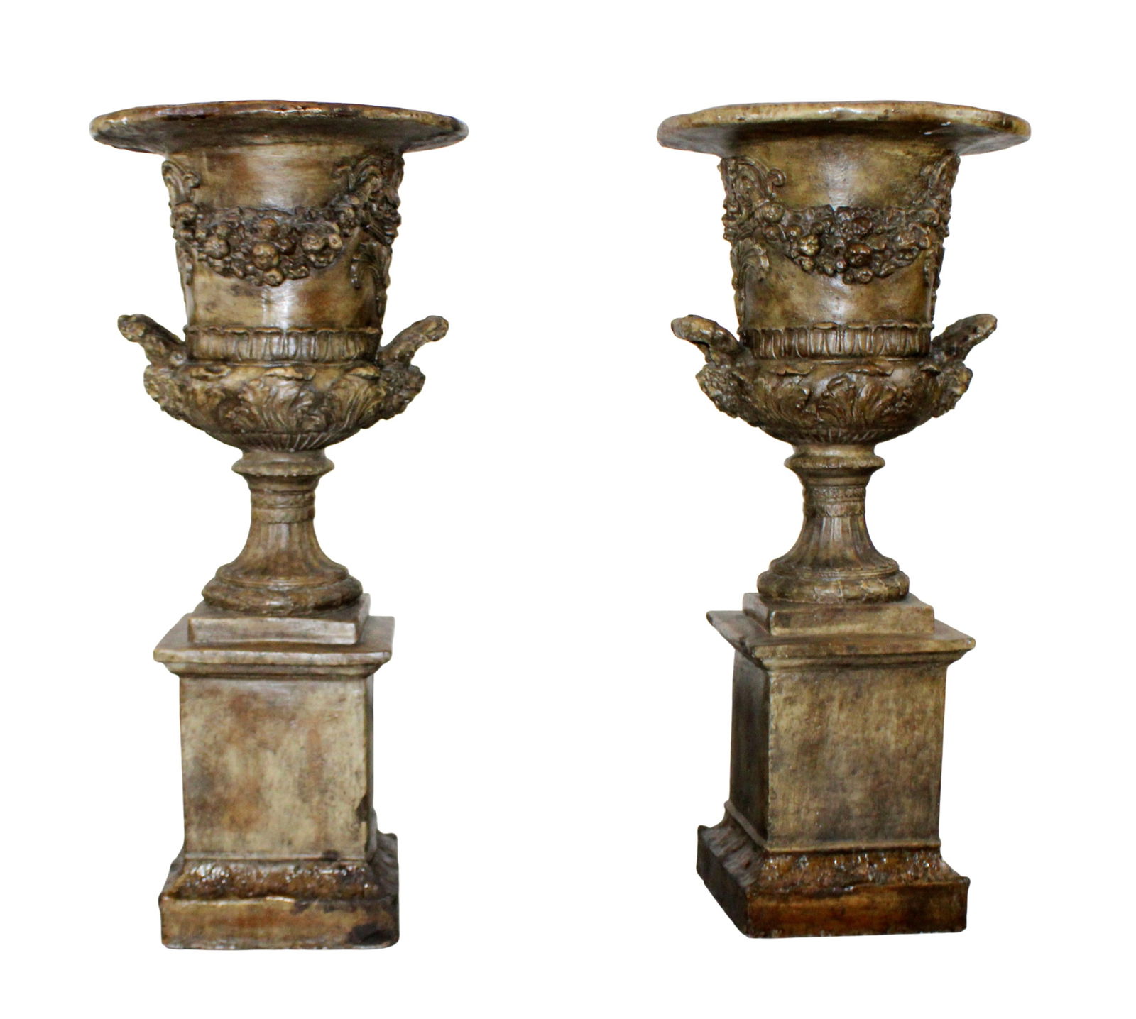 Pair of neo classical cast plaster urn planters on plinths (1 of 8)