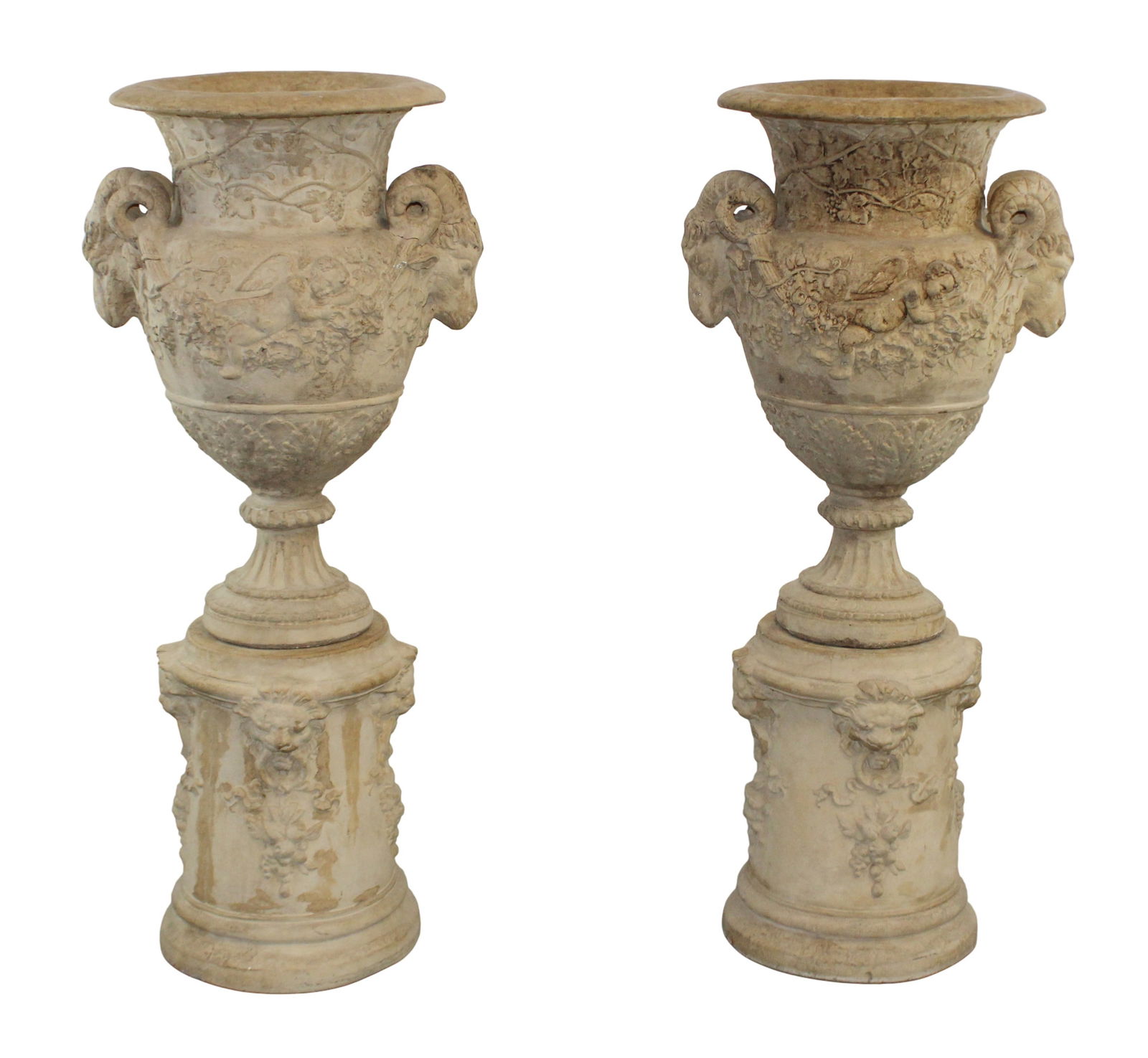 Pair of cast concrete classical ram's head urns on pedestals (1 of 16)