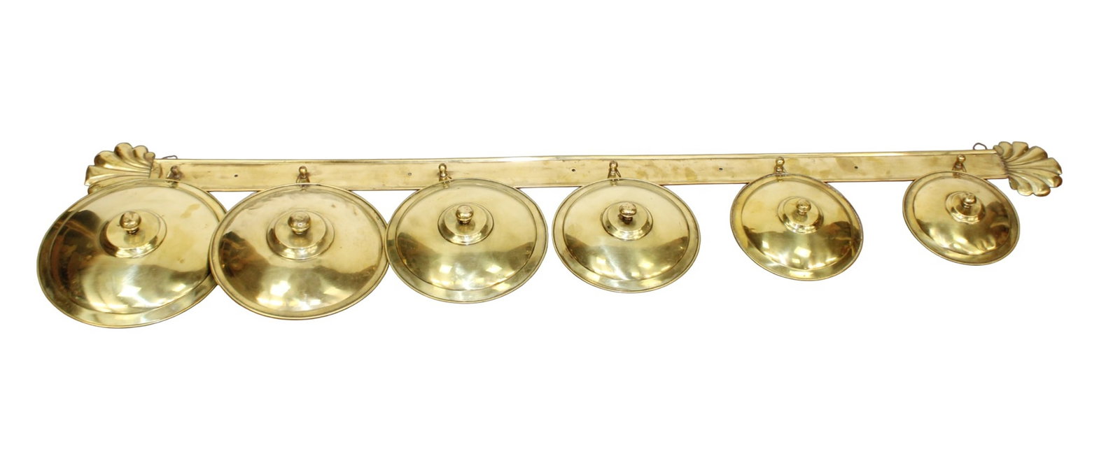 Set of 6 French brass pot lids on brass wall mount rack (1 of 8)