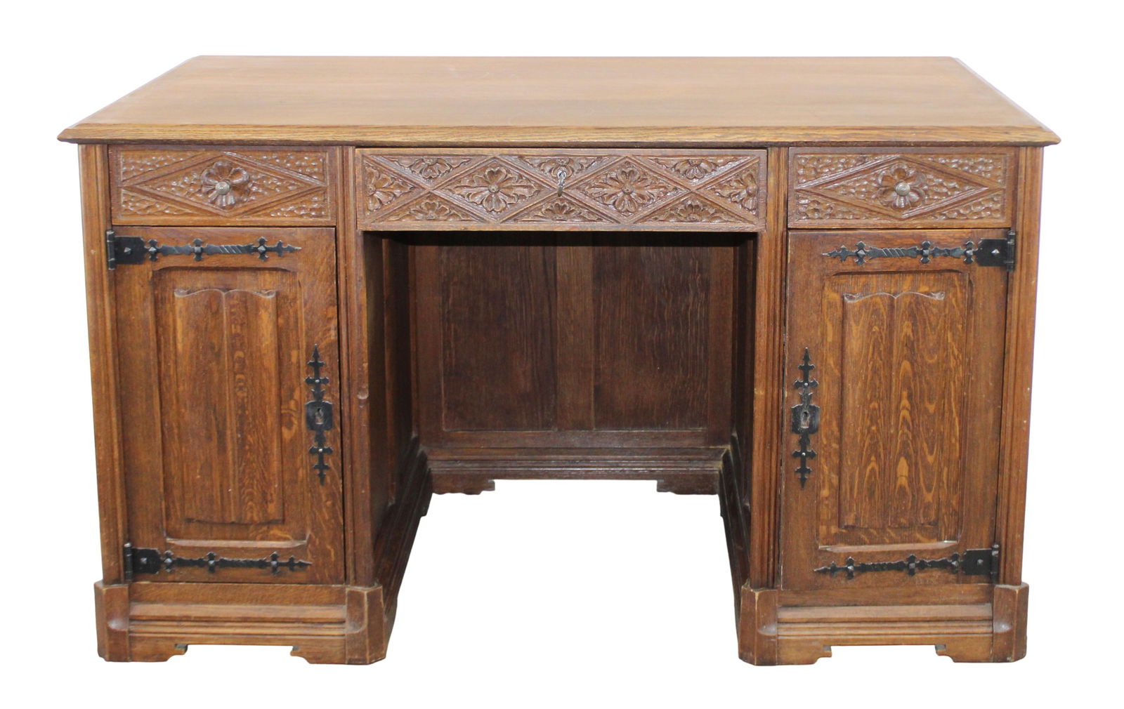 French Gothic Revival pedestal desk in oak with linenfold panels (1 of 13)