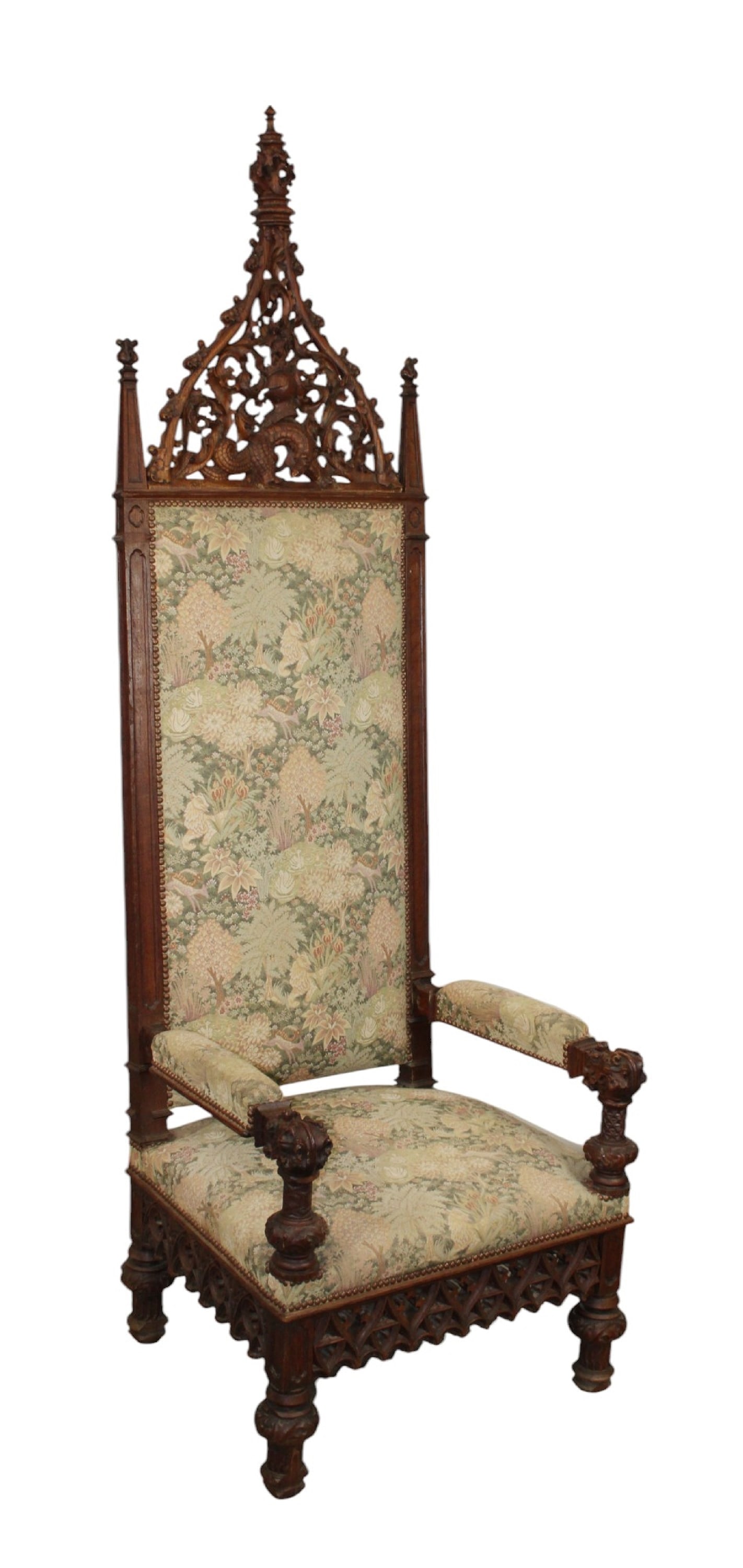 French Gothic Revival pierce carved walnut throne chair with elaborate crest with knight's helmet (1 of 9)