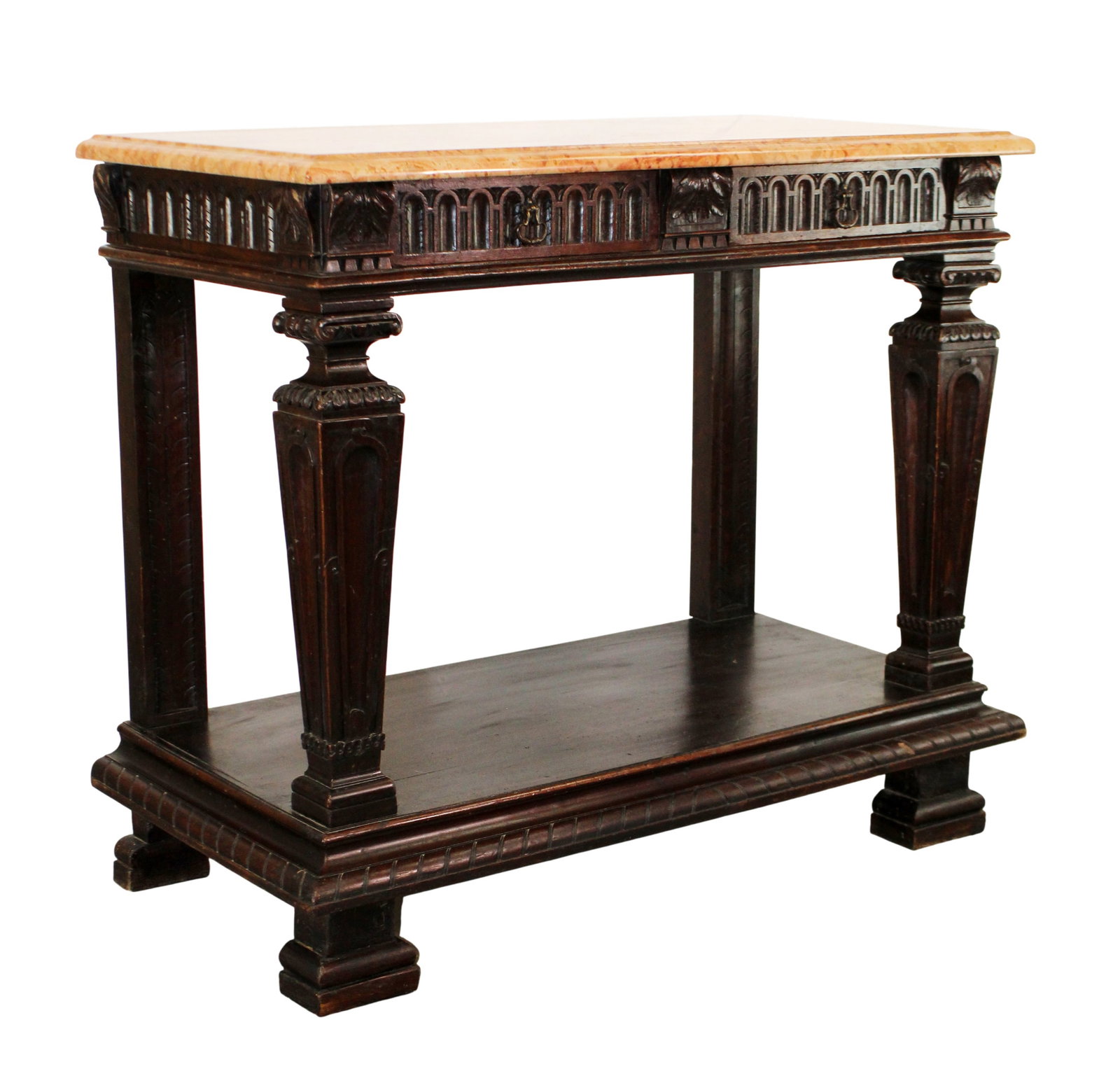 French Renaissance Revival console table in walnut with 2 drawers and marble top (1 of 10)