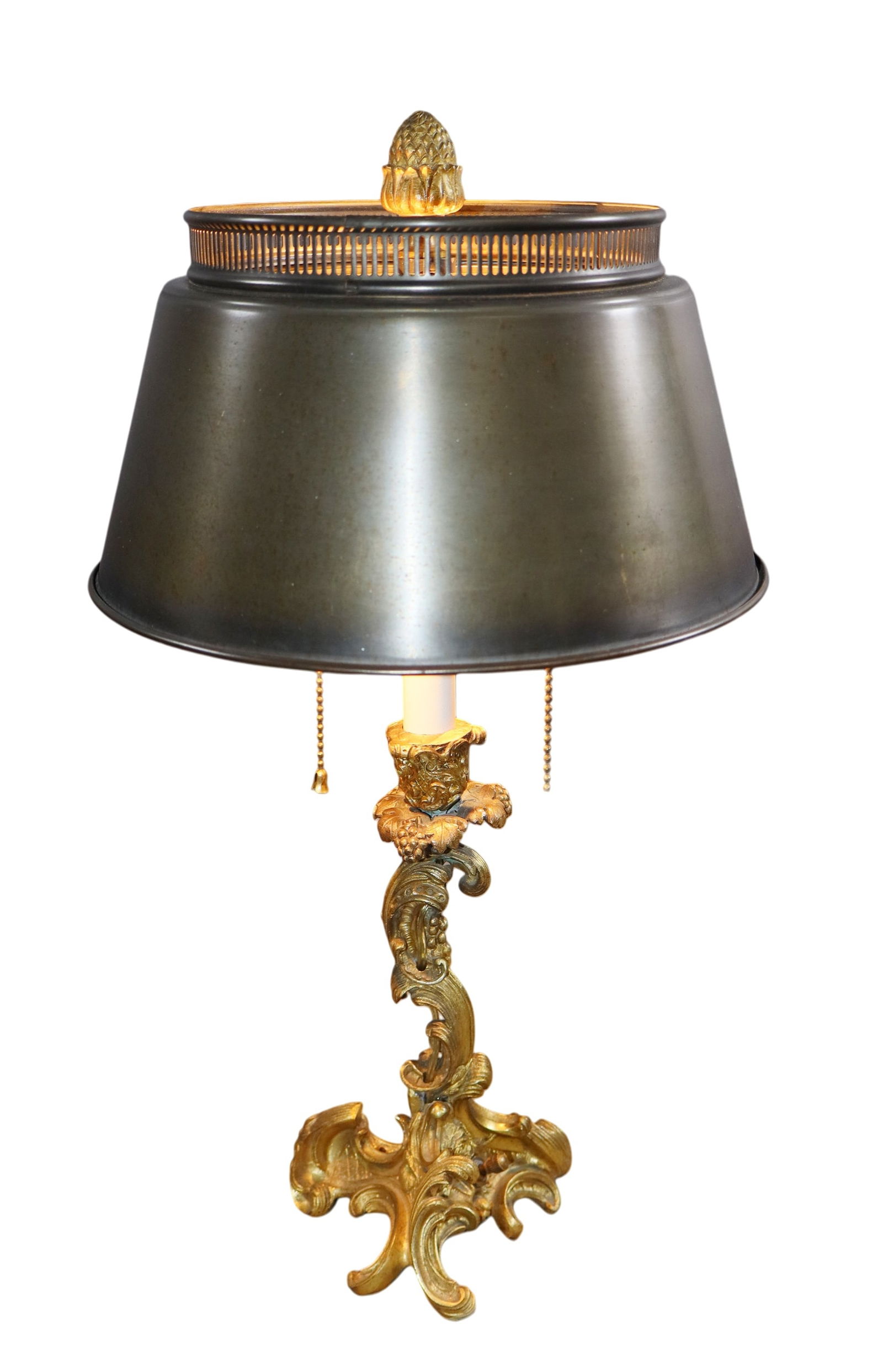 Bronze table lamp with tole shade and pineapple finial (1 of 5)