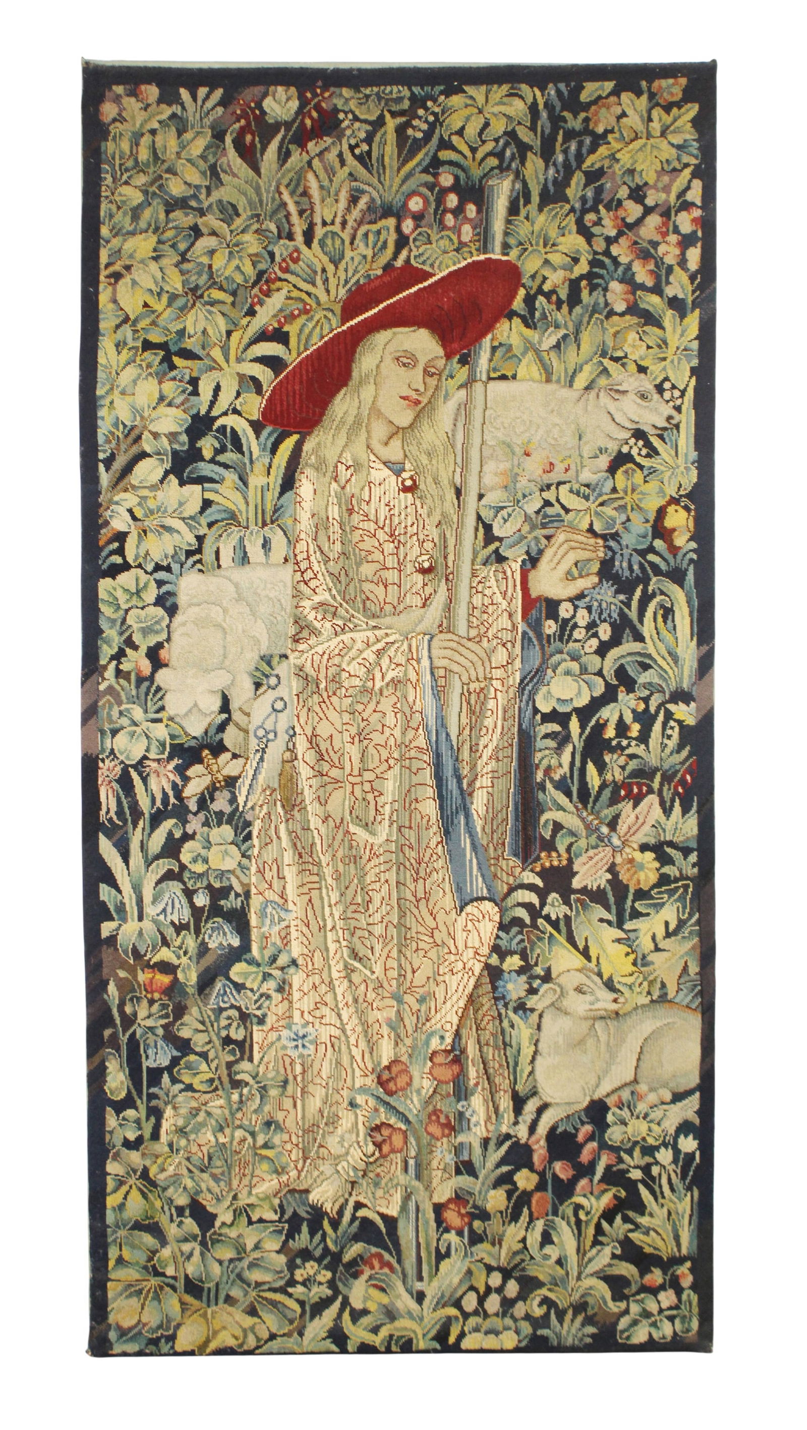 Flemish tapestry with woman in red hat: Flemish tapestry with woman in red hat. 71 1/4"h x 34"w