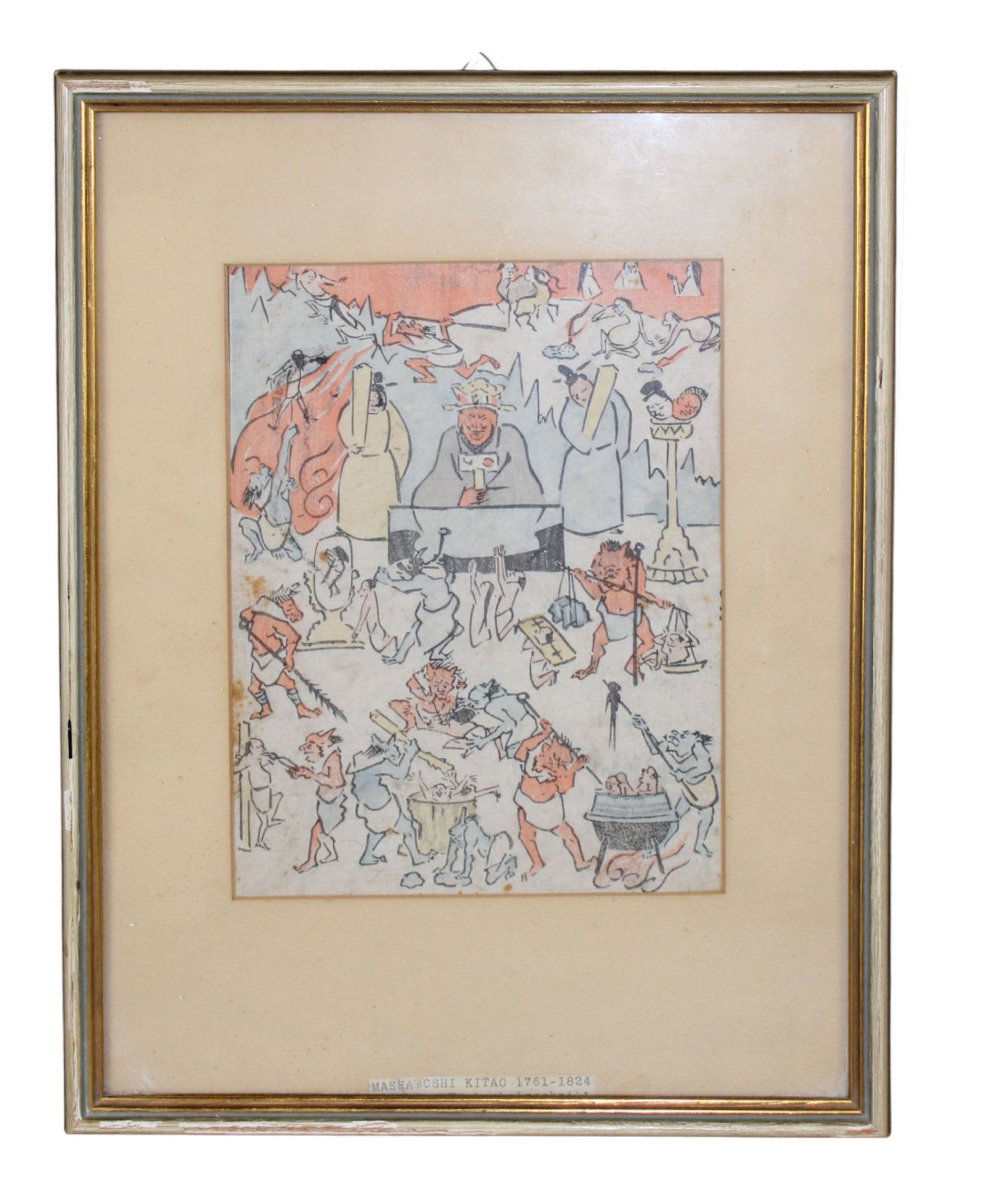 Kitao Masayoshi (Japanese, 1764-1824) hand colored wood cut depicting scene of hell (1 of 7)