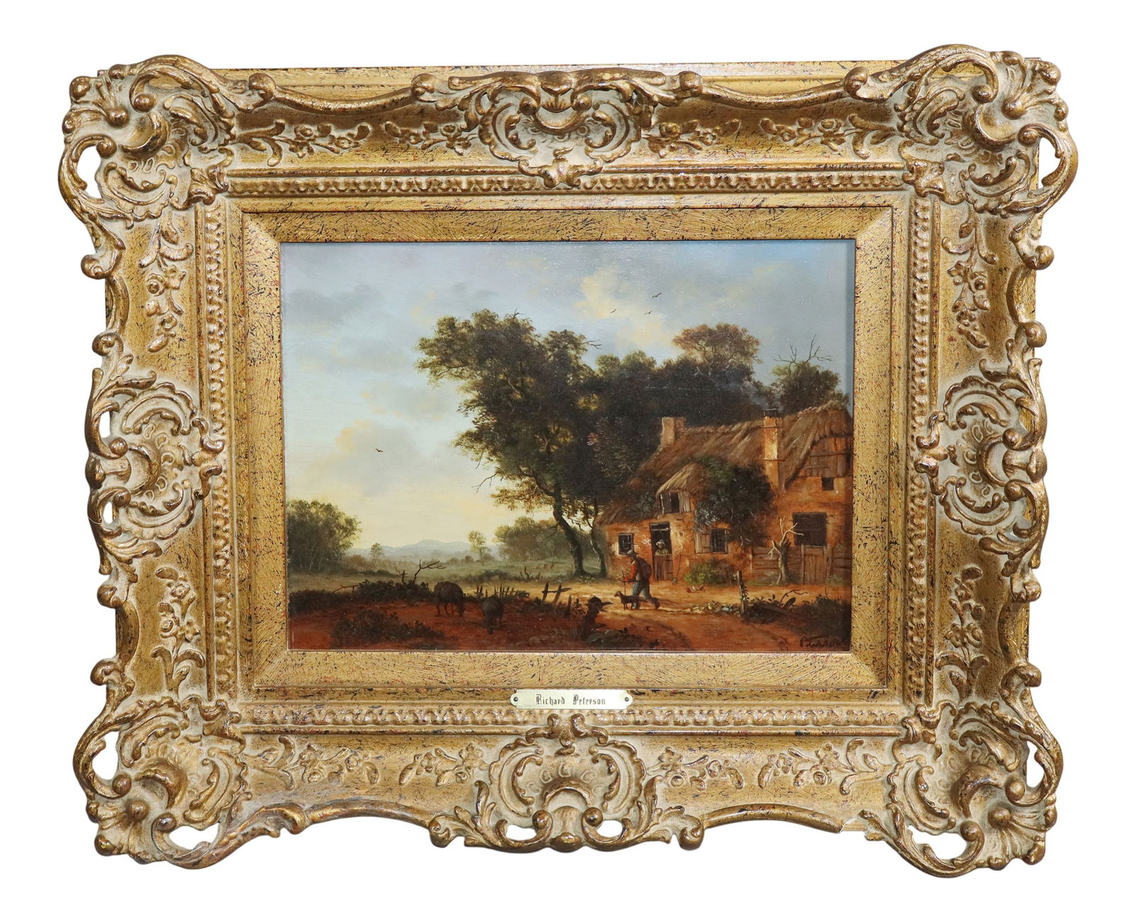 Oil on canvas painting of farmhouse scene signed Richard Peterson (1 of 8)