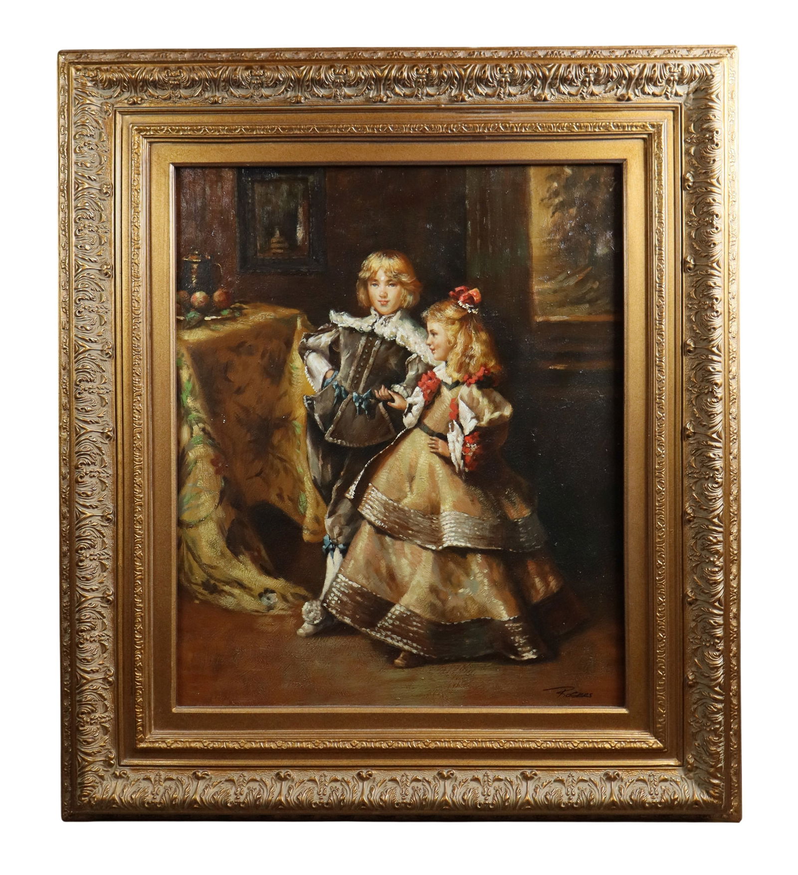 Oil on canvas painting inspired by a work by Giovanni Boldini young boy and girl signed on lower (1 of 7)