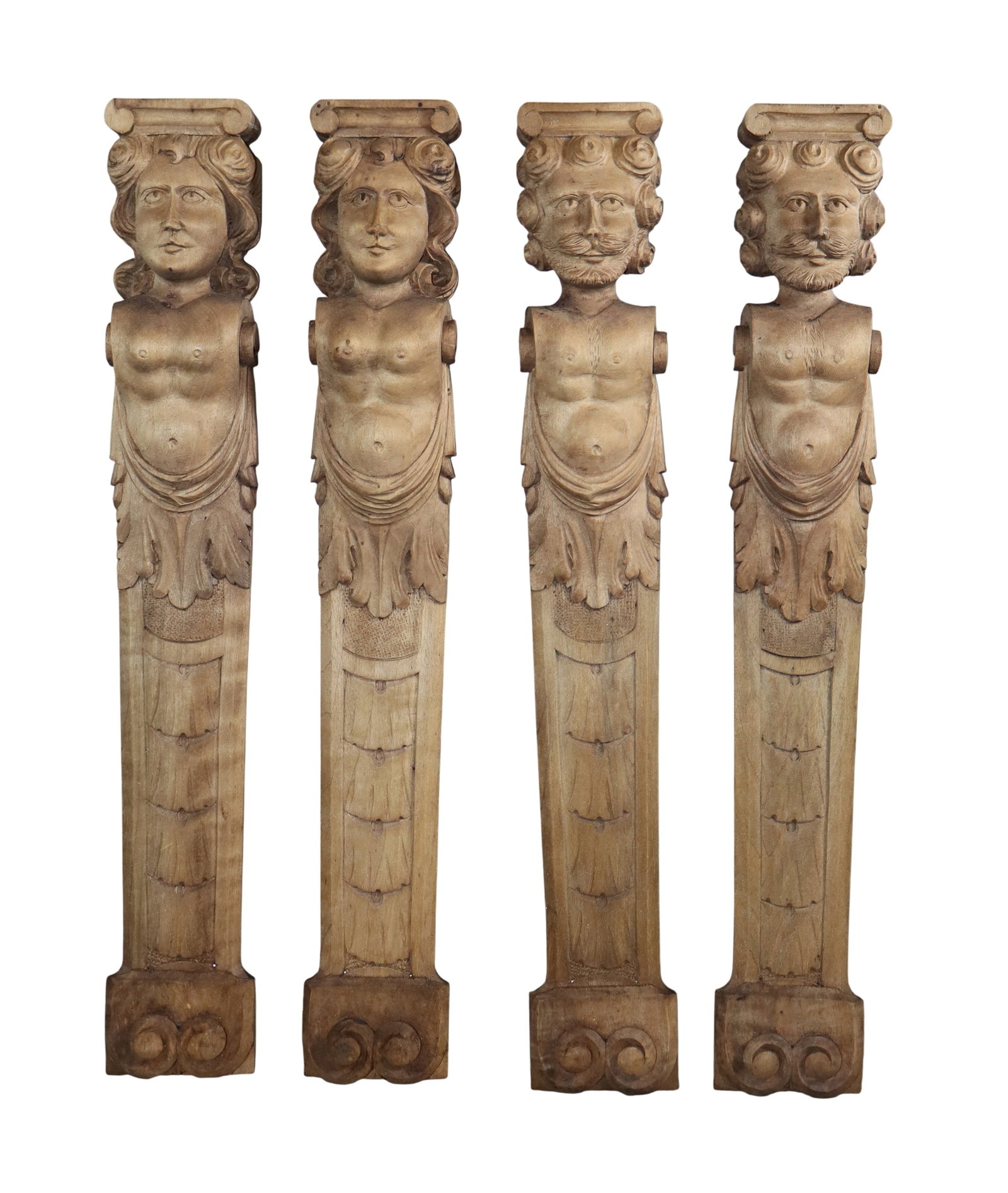 lot of 4 relief carved wood caryatid supports of 2 women and 2 men (1 of 6)