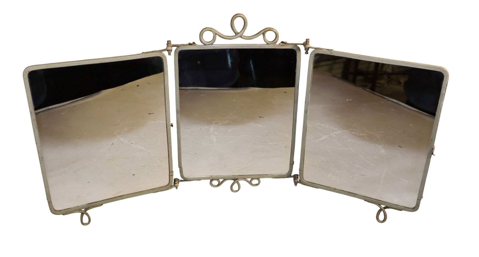 French triple mirror with wrought iron frame and tooled leather (1 of 6)