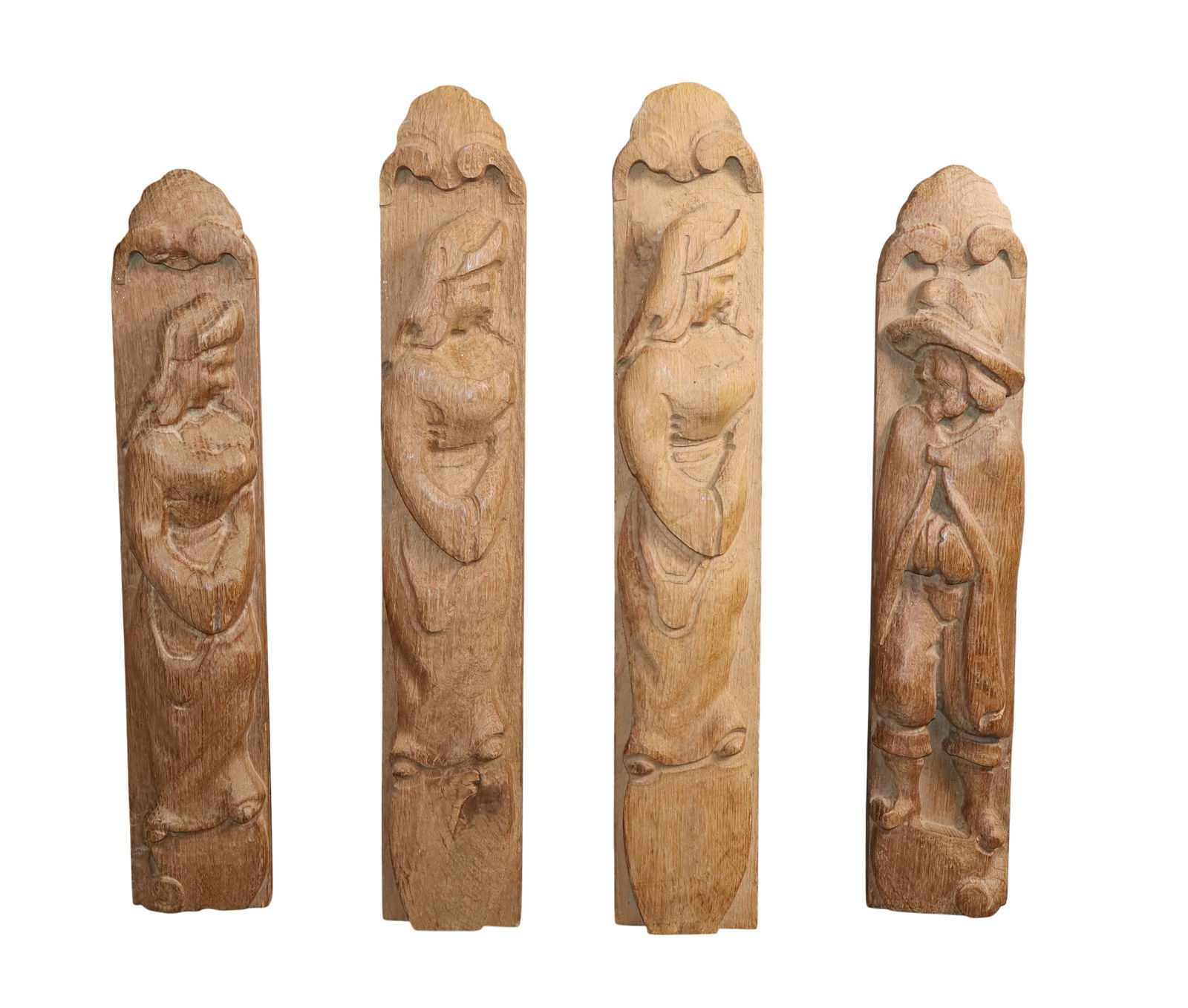 Lot of 4 Continental relief carved oak figural wood panels (1 of 6)