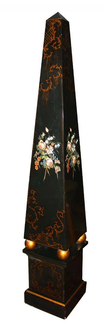 Black lacquer obelisk on stand: 60 1/4"h x 10 1/2"square at base.