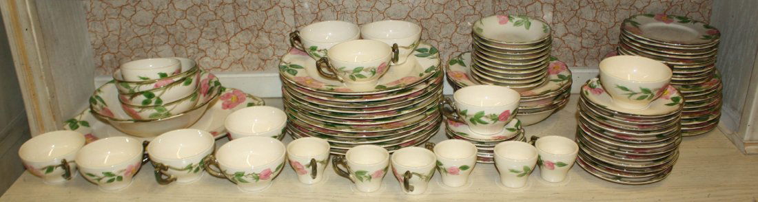 Franciscan Earthenware china service: Includes 11 dinner plates, 9 6 1/2"dessert plates, 10 bread & butter plates, 11 cups, 12 saucers, 6 demi-tasse cups and saucers, 10 small bowls, 3,1,3 misc bowls, 2 serving pcs