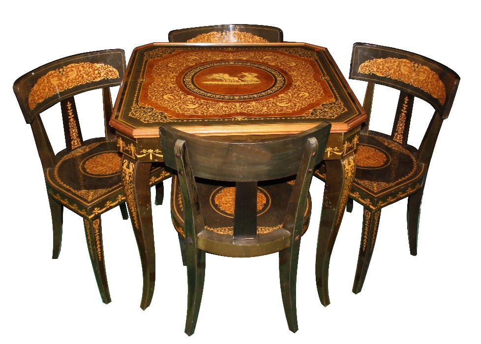 Milanese Italian inlaid game table and 4 chairs: backgammon, checkers, poker, & roulette. Table 30"square x 29"h