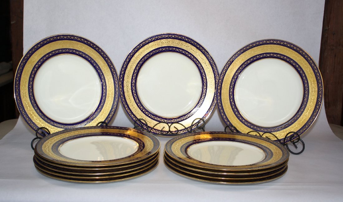 Set of 12 English Mintons bone china dinner plates: Cobalt with gold border: pattern H3831. 10 1/2"dia Plates marked Mintons England and The Bailey Banks & Biddle Co Philadelphia and pattern number H3831