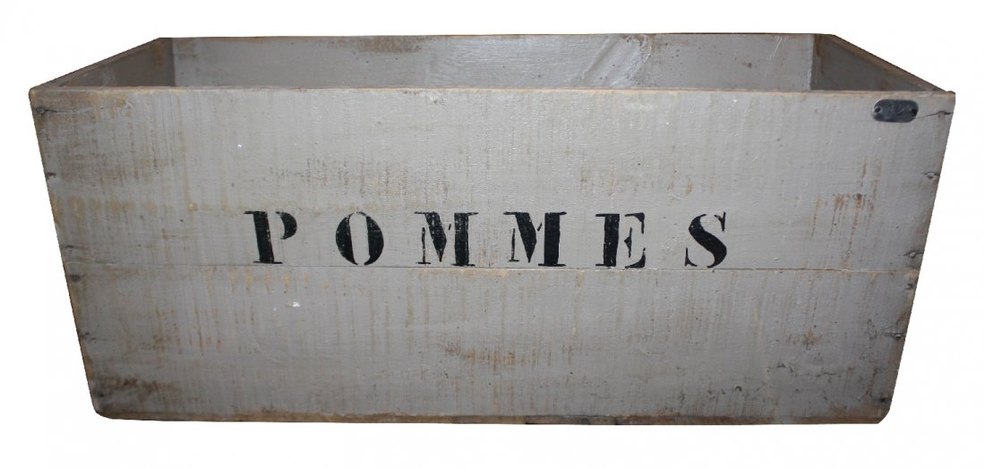 French painted wooden crate marked "Pommes": apple crate. 10"h x 10 1/4"w x 23 1/4"l