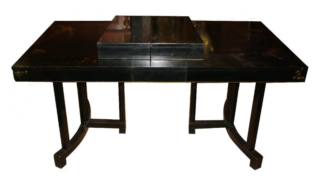 Chinoiserie Ebonized Dining Room Table & 3 Leaves: 30"h x 54"l (90" w/leaves) x 37"w (each leaf is 12"w)