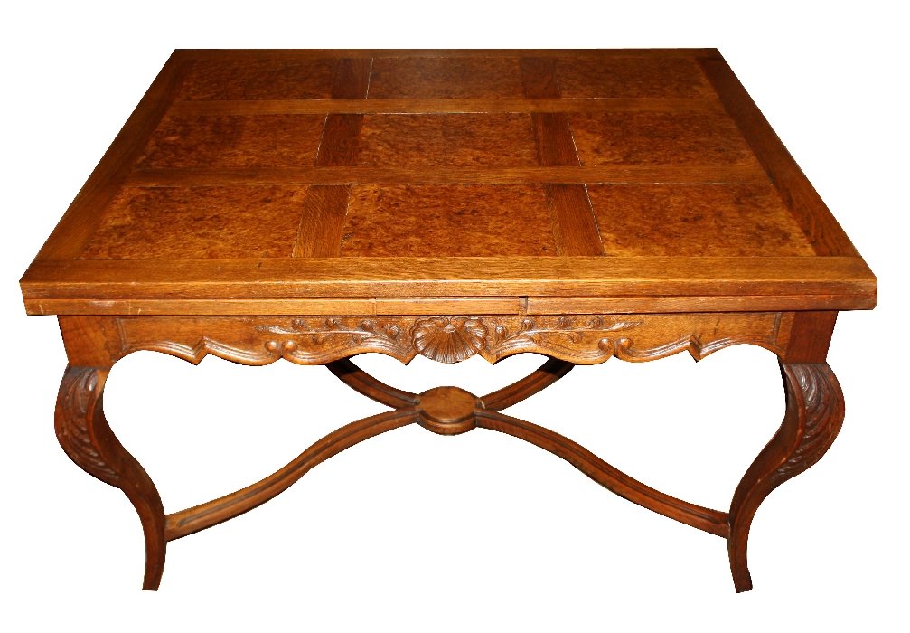 French Bresson dining table in walnut & burl: Elm with pull-out leaves. 31"h x 51 1/2" l (94 3/4"l open) x 41"w