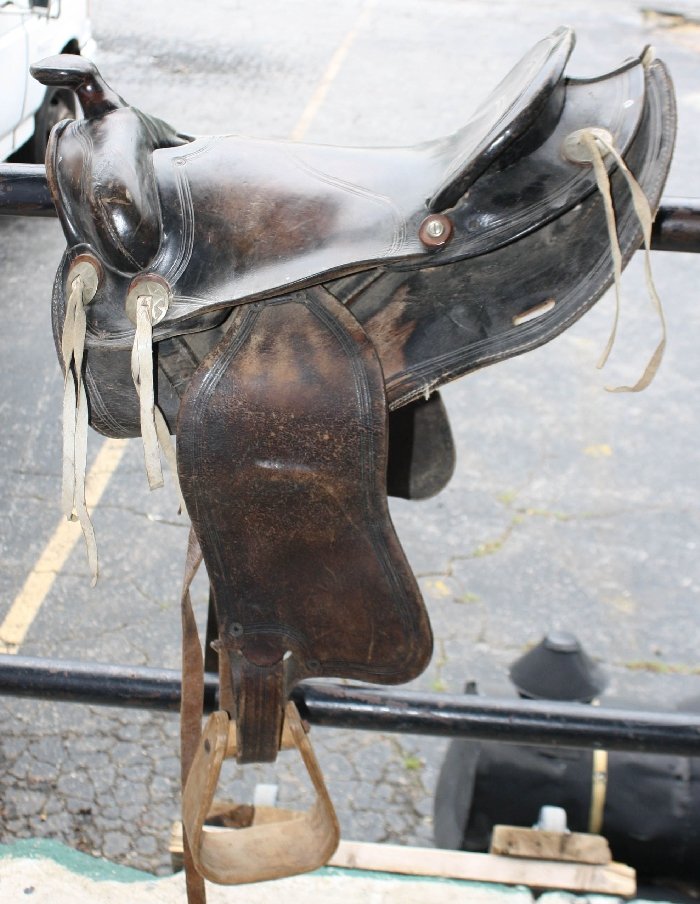 Tooled leather horse saddle #5 with wooden stirrups