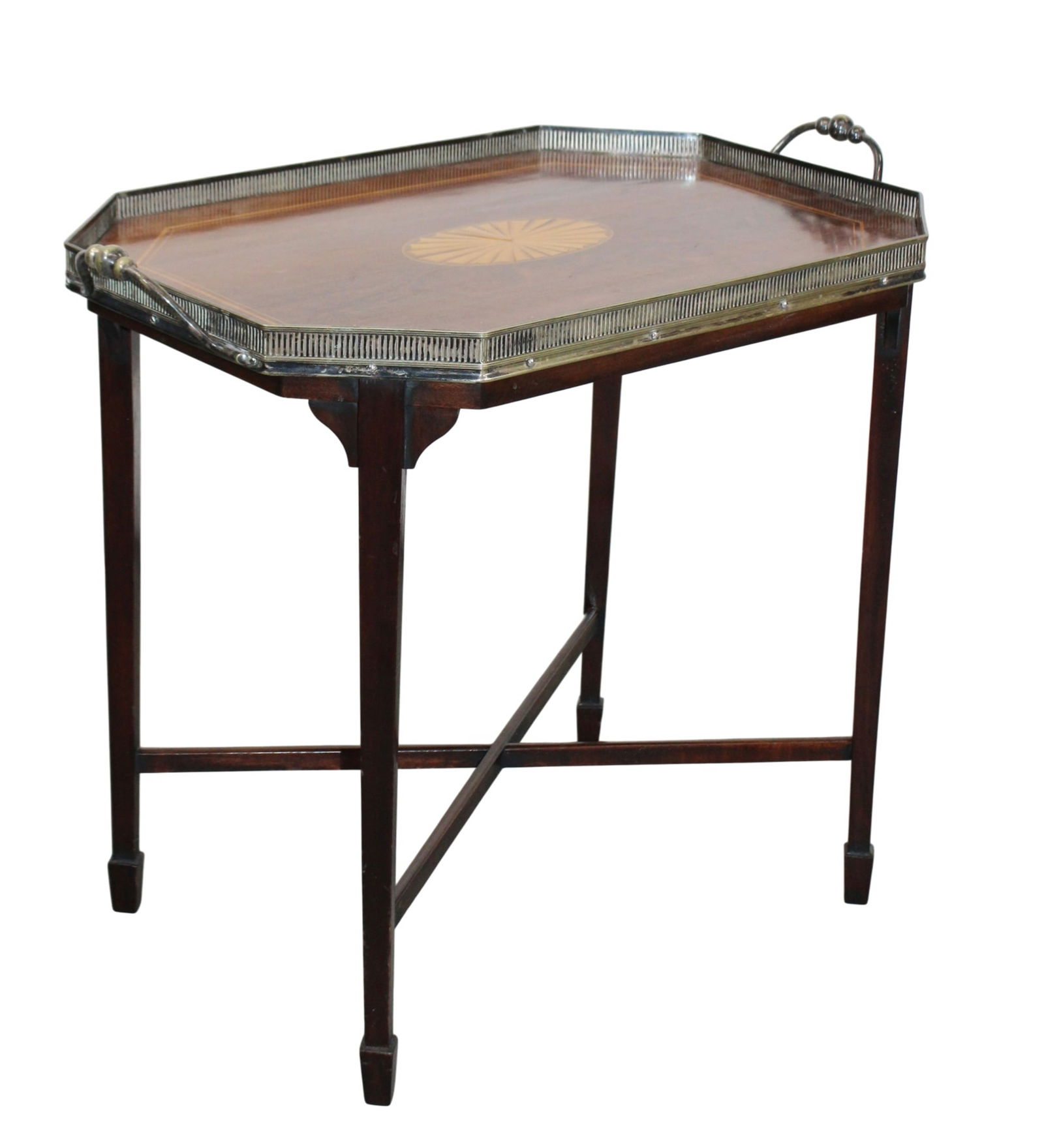 English inlaid mahogany tea table with silverplate gallery (1 of 7)