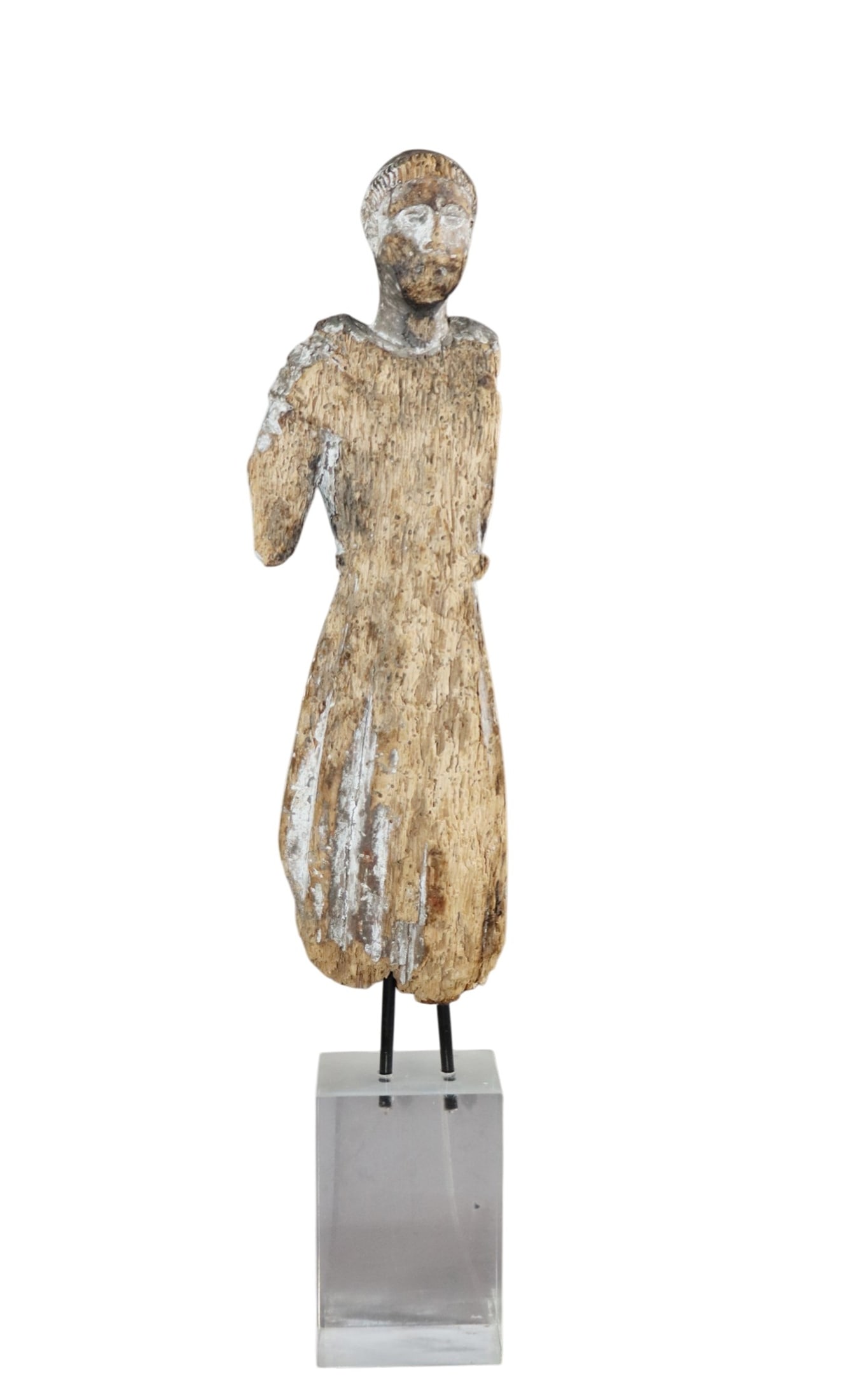 Spanish figural wooden Santos fragment mounted on lucite stand: Spanish figural wooden Santos fragment mounted on lucite stand. 19th century. 26"h x 5"w x 3 1/2"d. Weight: 4lbs