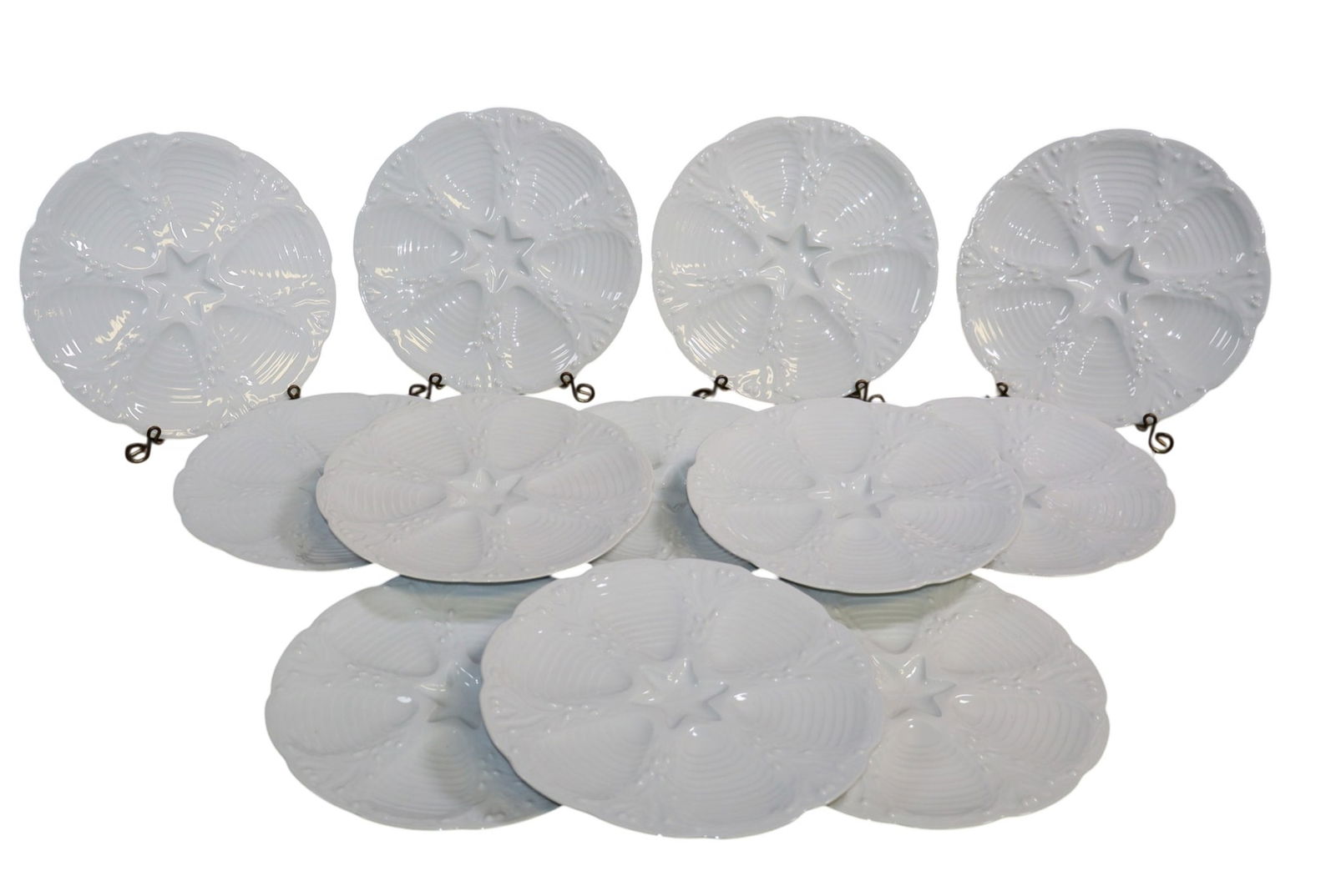 Set of 12 French white ceramic oyster plates: Set of 12 French white ceramic oyster plates. 10"dia Weight: 16lbs