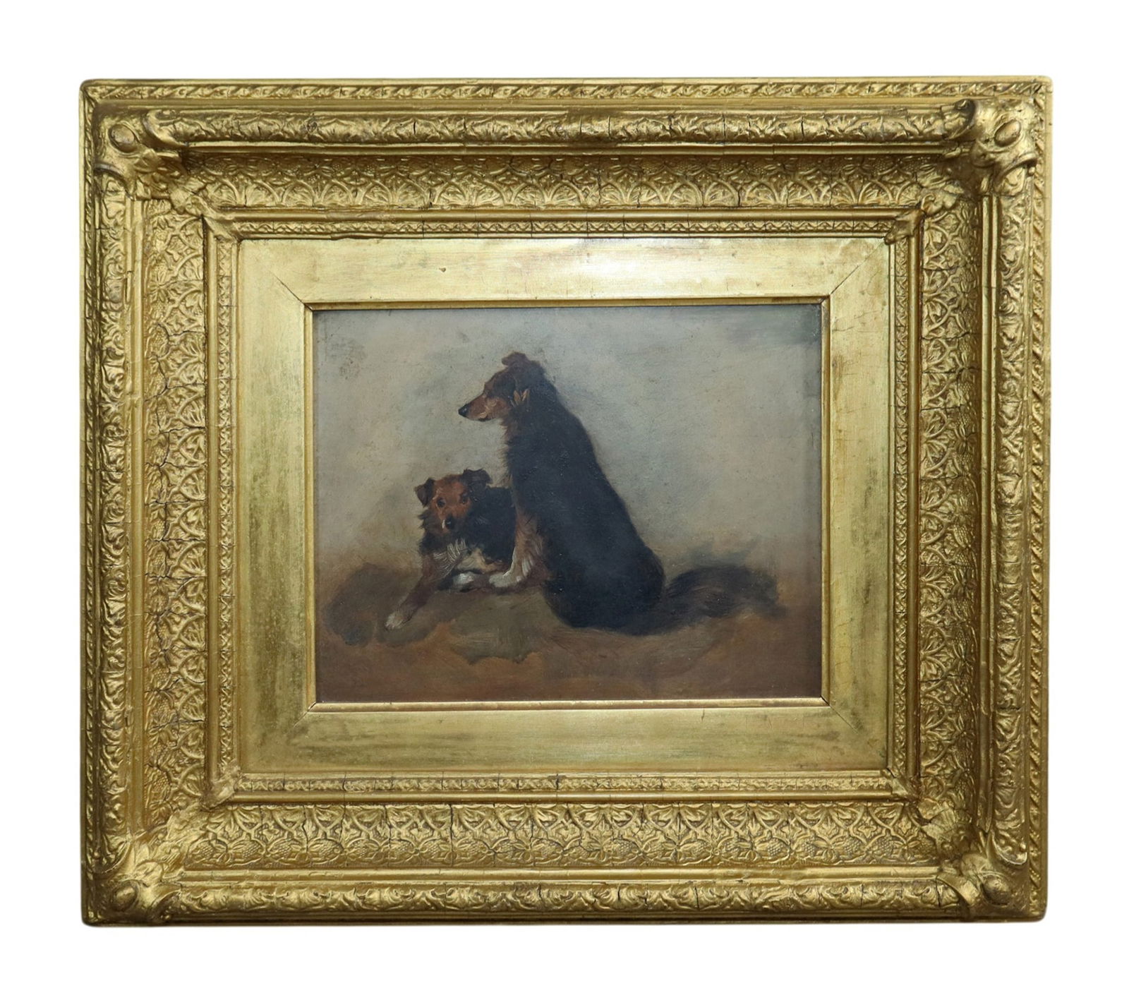 French oil on board painting of 2 dogs: French oil on board painting of 2 dogs. In gilt wood frame. Apparently unsigned. Late 19th century. Sight size 7 1/2"h x 9 3/8"w, overall size 16"h x 18"w. Weight:5lbs