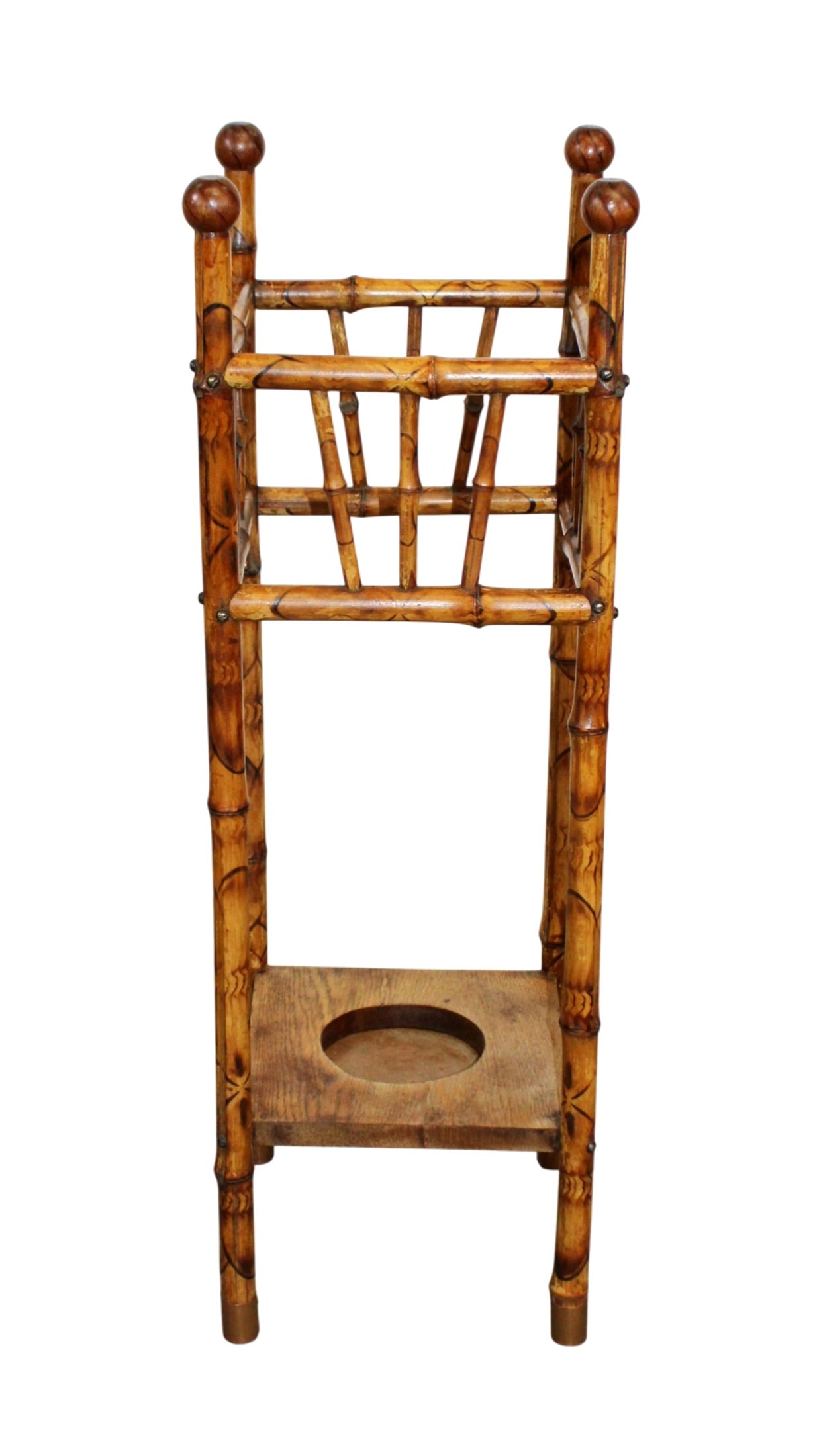 English burnt bamboo umbrella or cane stand: English burnt bamboo umbrella or cane stand. Early 20th century. 33 5/8"h x 10 5/8" square
