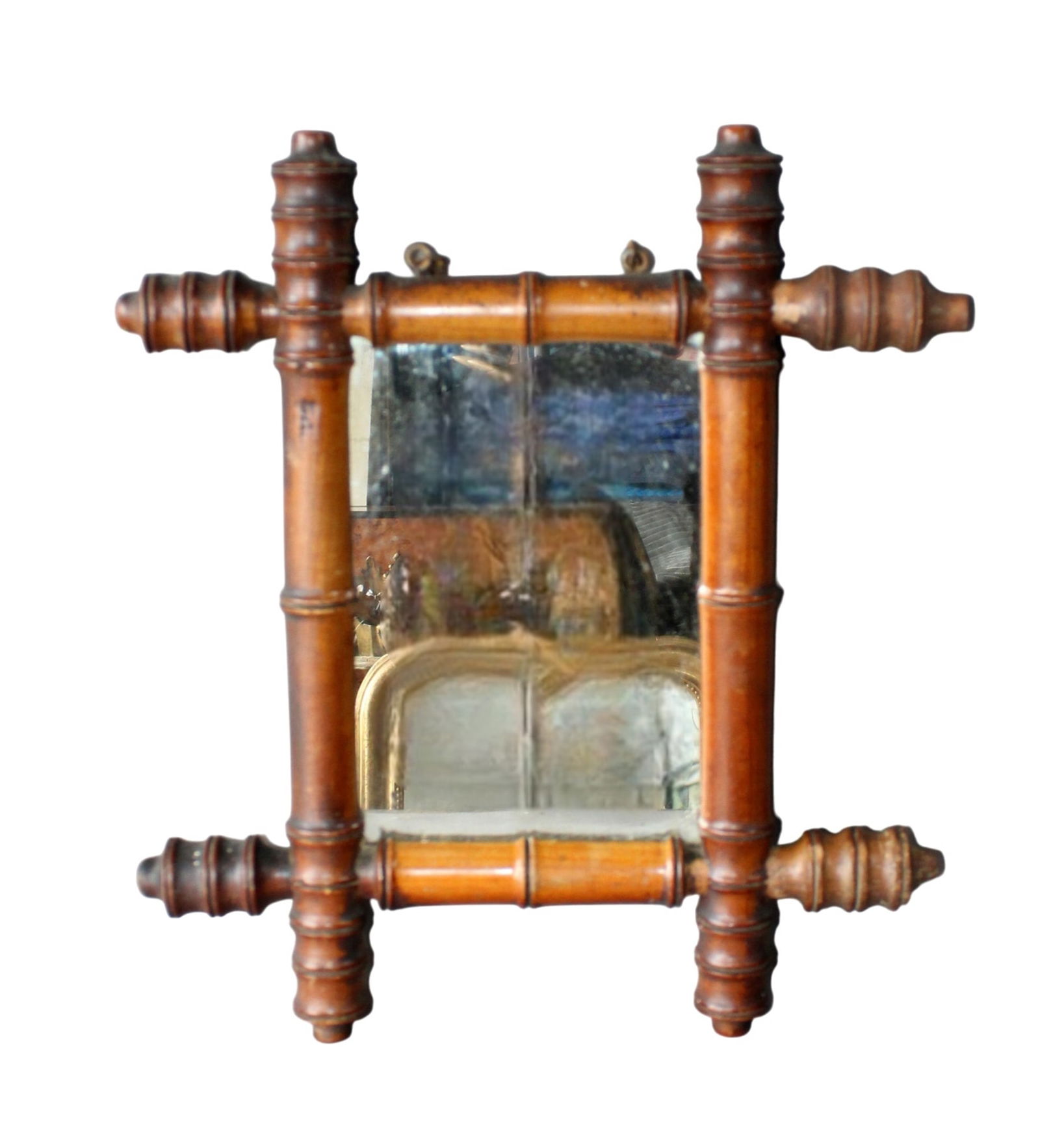 French petite faux bamboo mirror: French petite faux bamboo mirror. Circa 1900. 15"h x 12 1/2"w. Weight: less than a pound