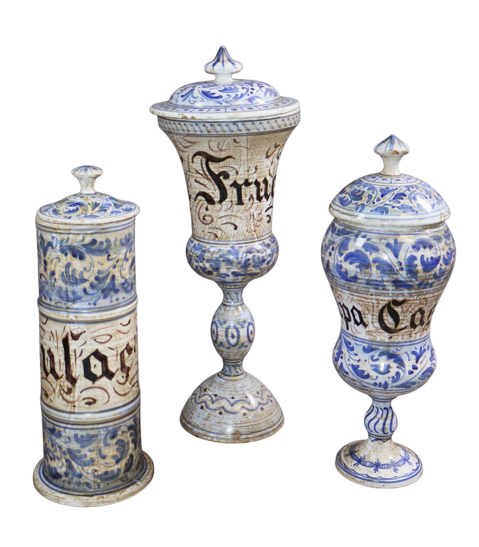 Lot of 3 Italian Guerrieri Murano ceramic pharmacy jars: Lot of 3 Italian Guerrieri Murano ceramic pharmacy jars . 15 1/2"h x 5 3/8"dia - 11 3/4"h x 4 1/4"dia