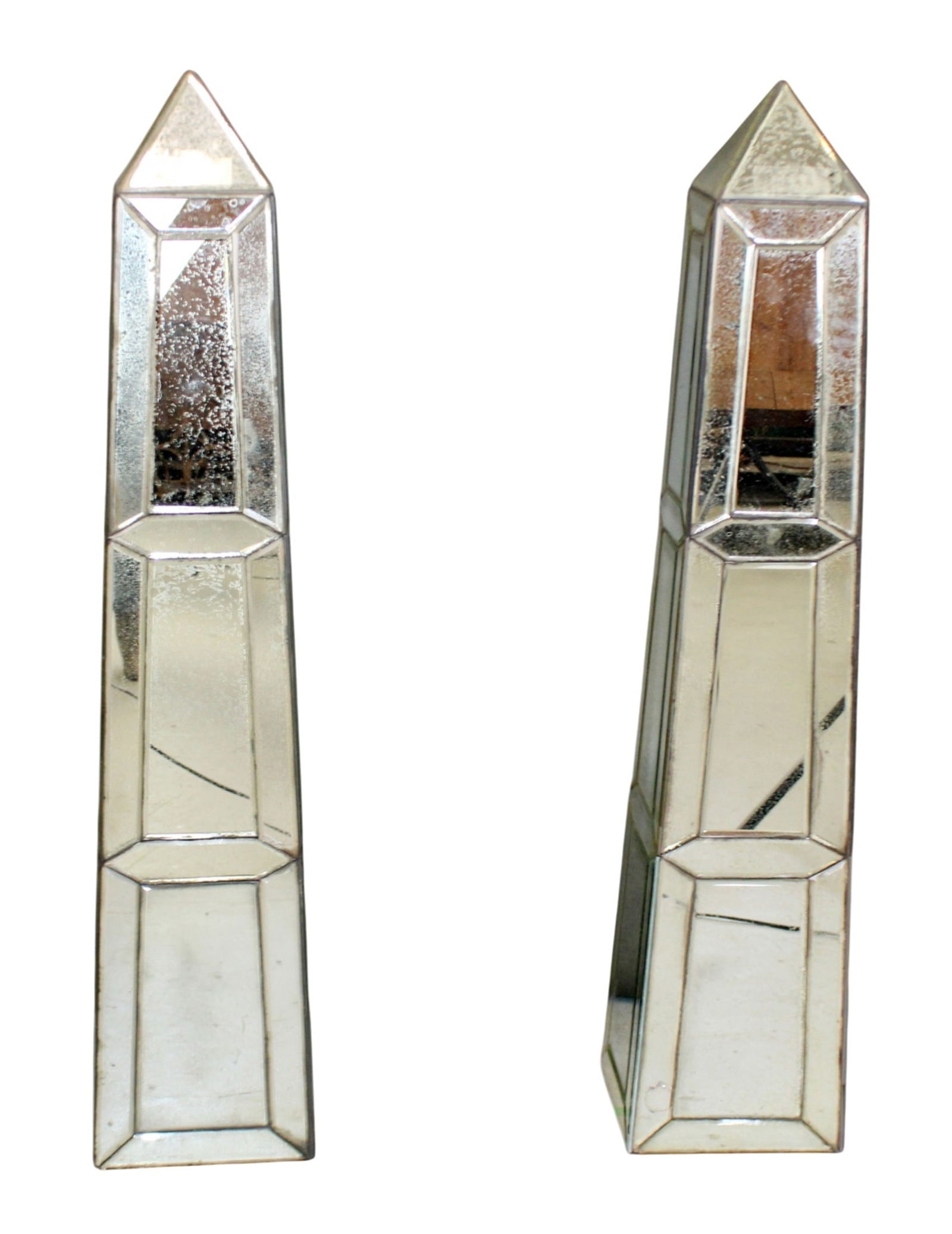 Pair of mosaic mirrored obelisks: Pair of mosaic mirrored obelisks. Late 20th century. 40"h x 8 1/4"square at base