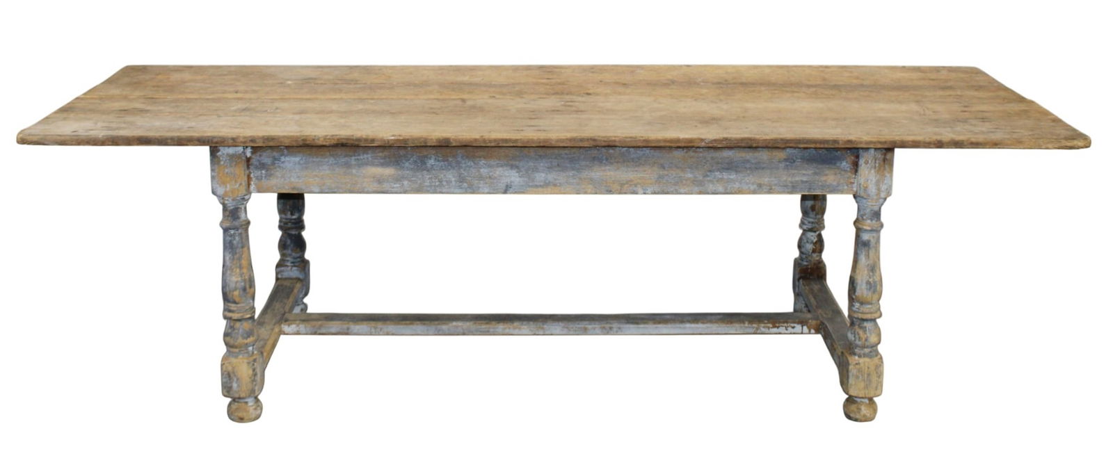 French farmhouse table in mixed woods with scraped painted base (1 of 11)