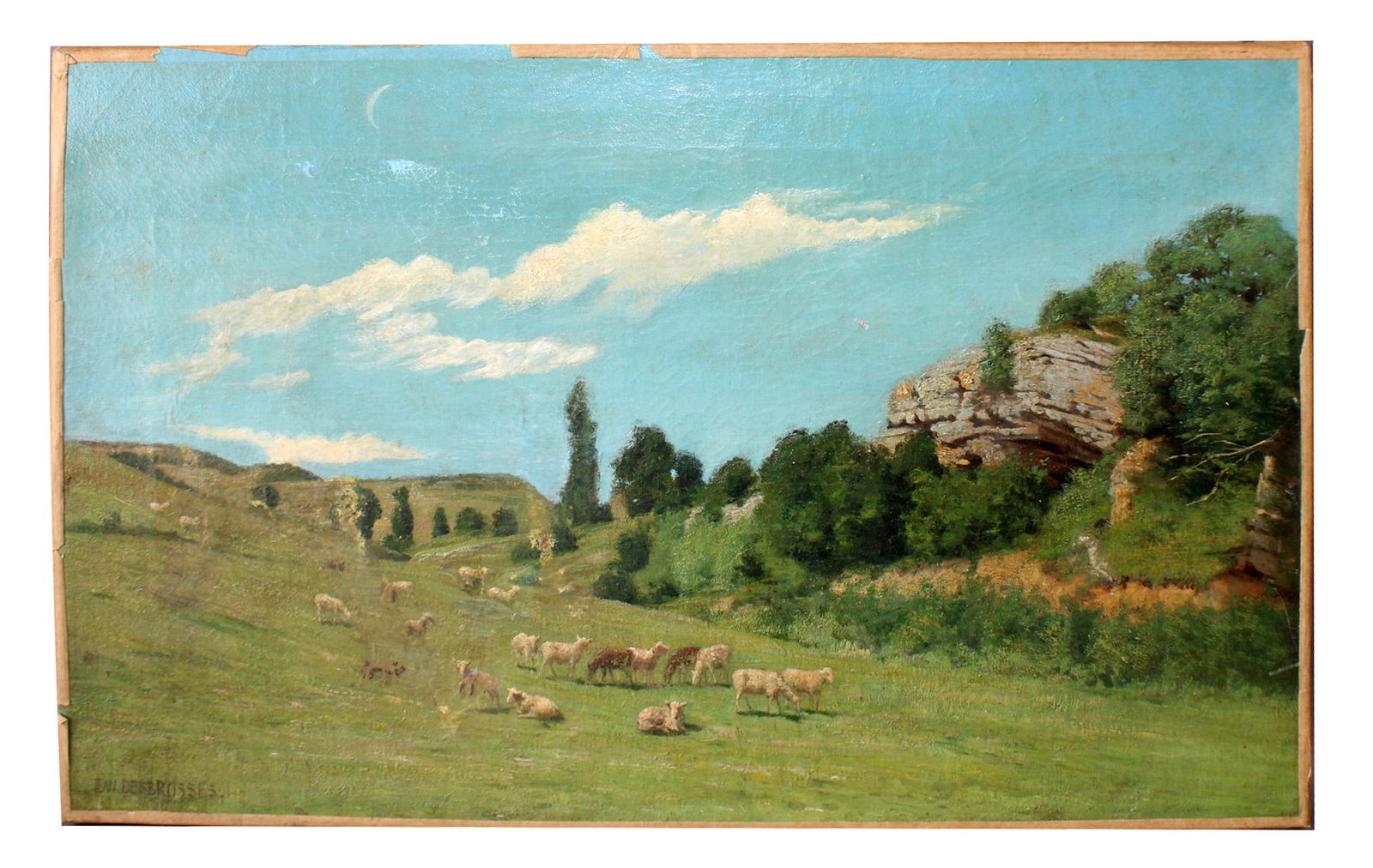 Jean Desbrosses ( French 1835-1906) Oil on canvas painting pastoral landscape with sheep: Jean Desbrosses ( French 1835-1906) Oil on canvas painting pastoral landscape with sheep in mountain landscape. Signed lower left Jean Debrosses. 13 1/2"h x 21 3/8"w Weight: >1lb