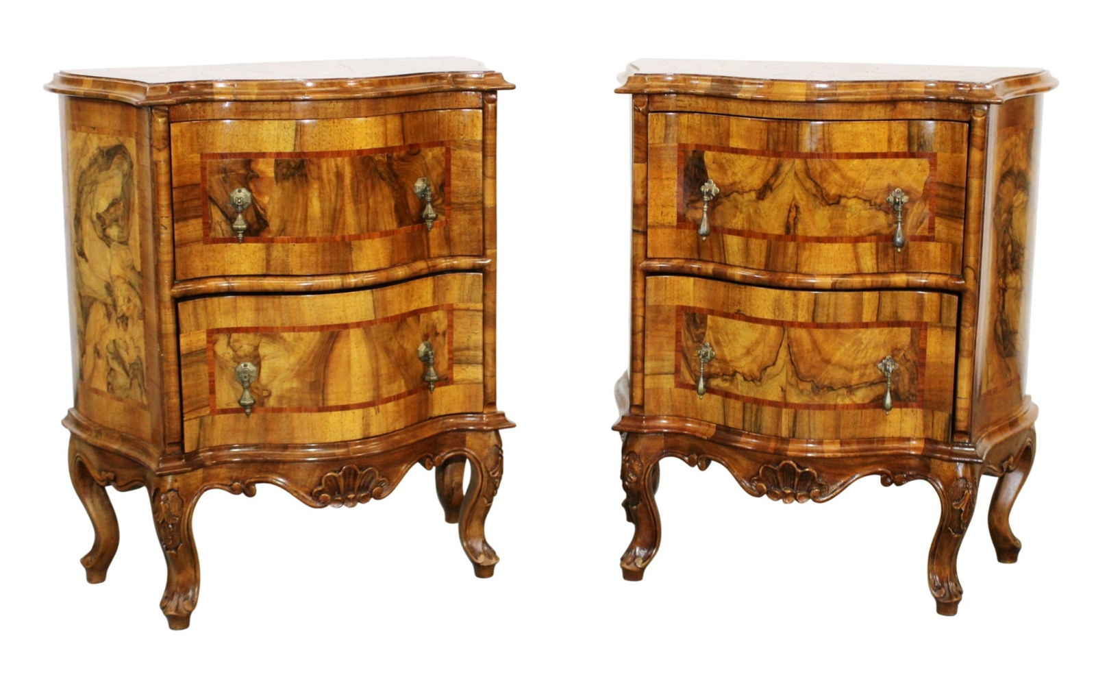 Pair of Italian Rococo 2 drawer bombe commodes in walnut (1 of 8)