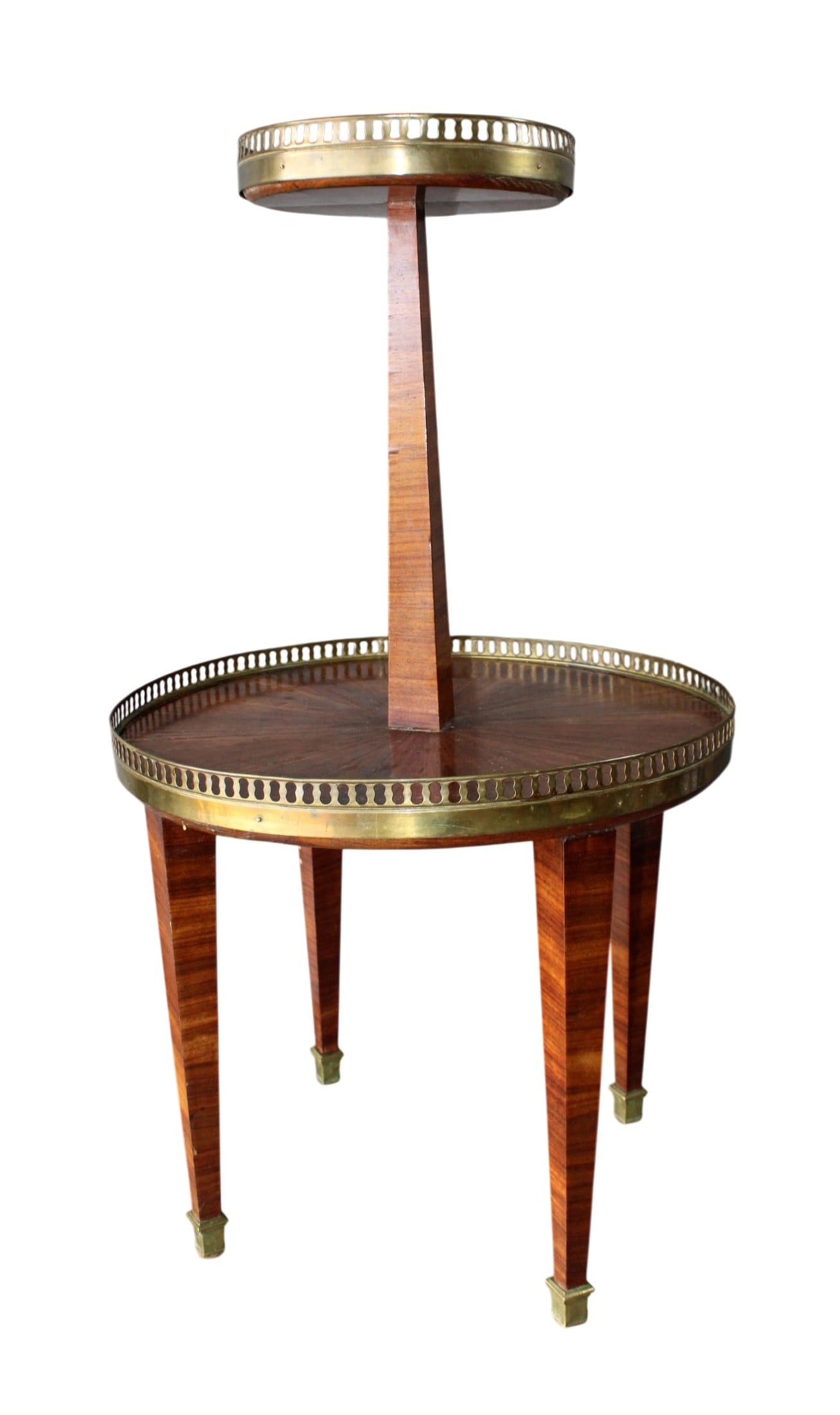 French Louis XVI style two-tiered butlers table: French Louis XVI style two-tiered butlers table. Late 19th century. 29 5/8"h x 16 1/2"dia. Weight: 5lbs