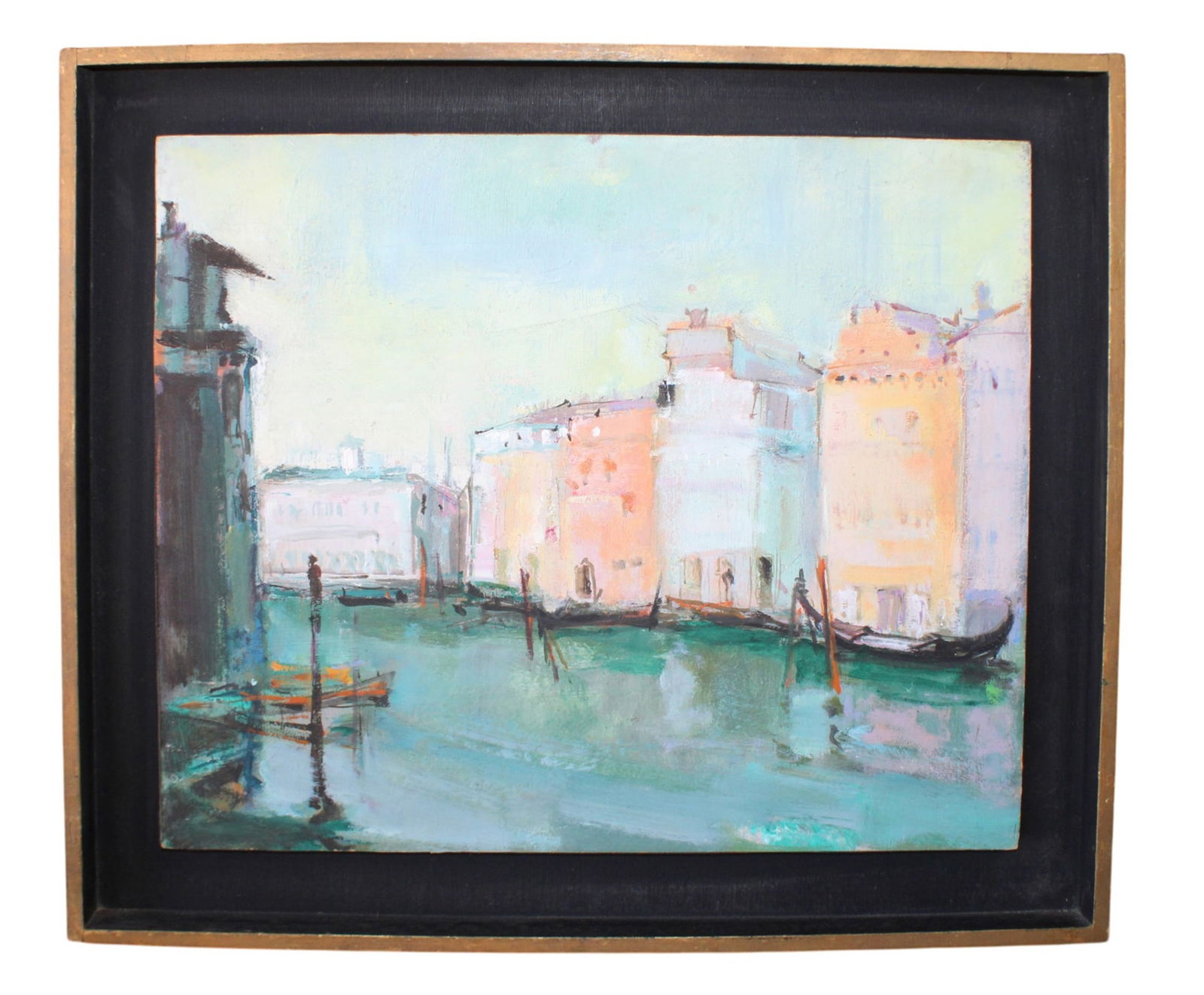 Continental oil on board painting of Venice canal scene with gondolas: Continental oil on board painting of Venice canal scene with gondolas