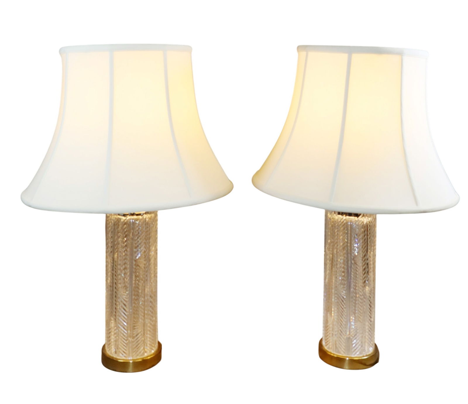 Pair of Waterford crystal cylinder lamps: Pair of Waterford crystal cylinder lamps. 26 3/8"h(total) x 5"dia (Base) Lampshade: 17"dia Weight: 20lbs total