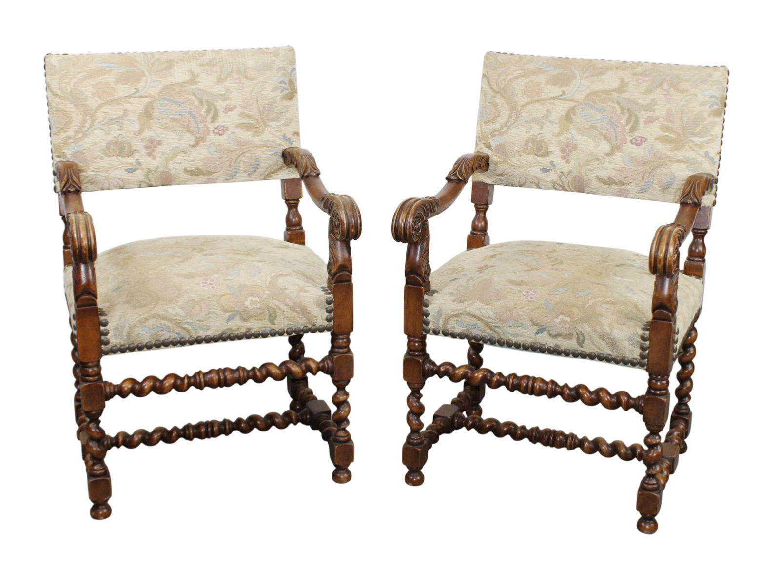 Pair of French Louis XIII style armchairs in carved walnut (1 of 9)