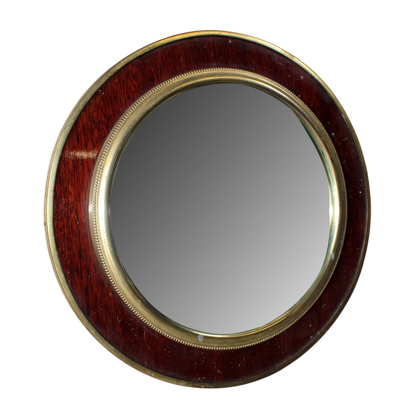 French butler's mirror with convex glass in wood and brass frame: French butler's mirror with convex glass in wood and brass frame. Mid 20th century. 12 3/4 dia, weight: 2lbs