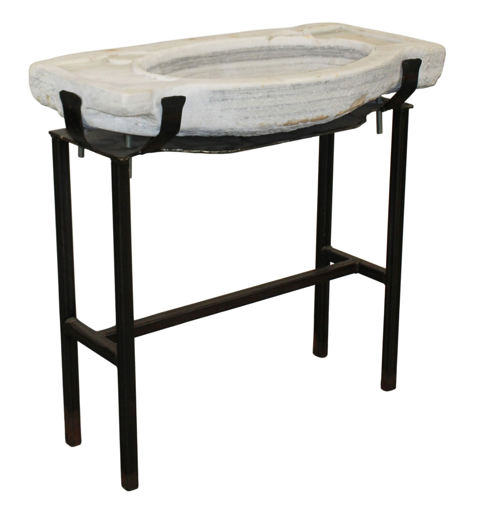 Grecian marble sink on iron stand: Grecian marble sink on iron stand. 29 1/2"h x 29 1/4"w x 15 1/2"d