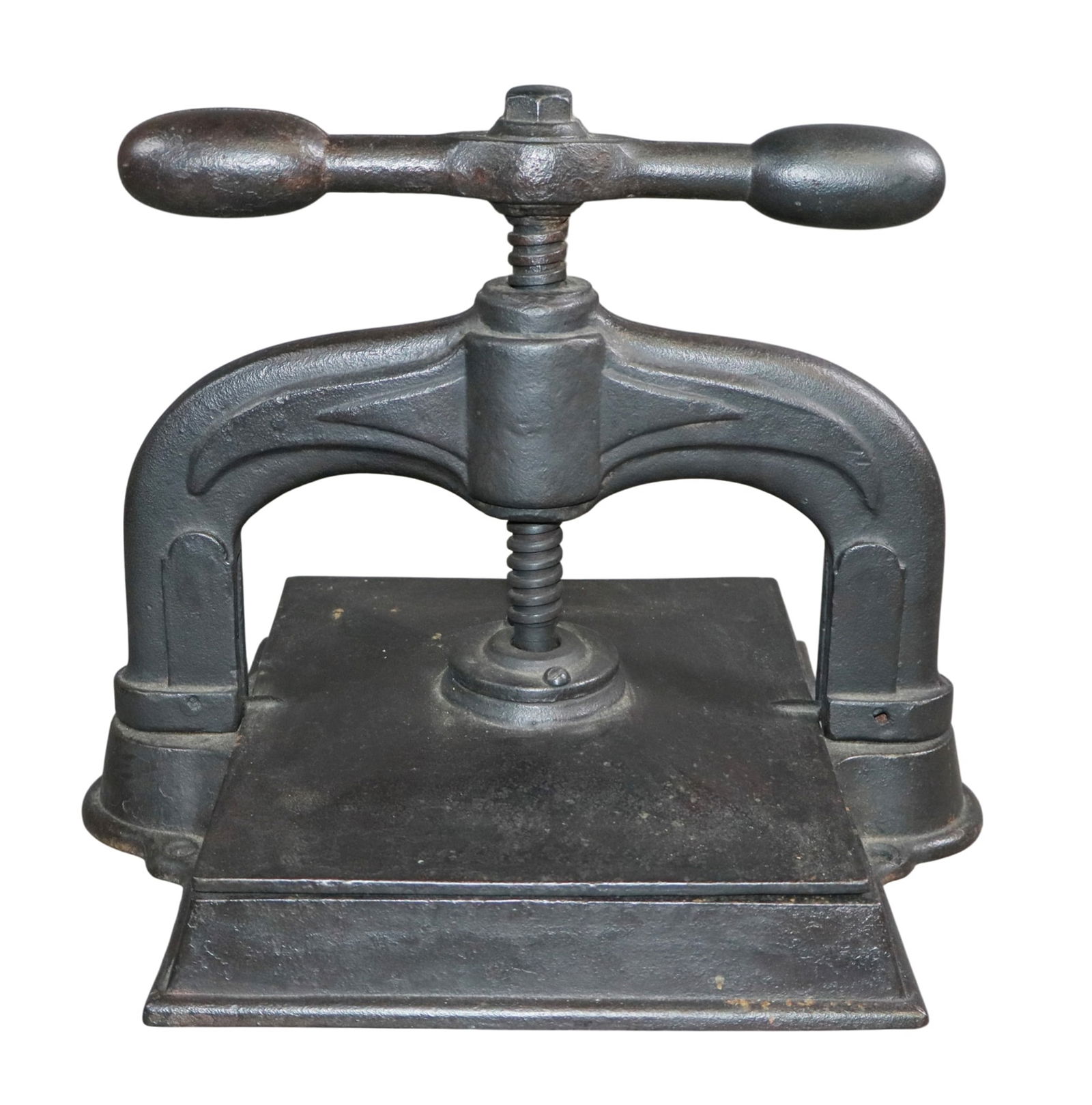 French cast iron table top book press: French cast iron table top book press. Embossed with "3." Late 19th century. 11 1/2"h x 14 1/2"w x 12 1/8"d Weight: 38lbs