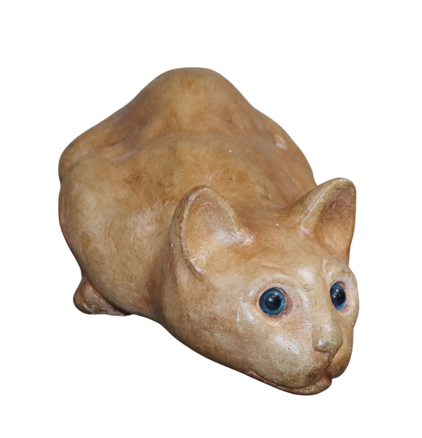 French ceramic cat with blue glass eyes: French ceramic cat with blue glass eyes. 5"h x 6 1/2"w x 13 1/2"d. Weight: 12lbs