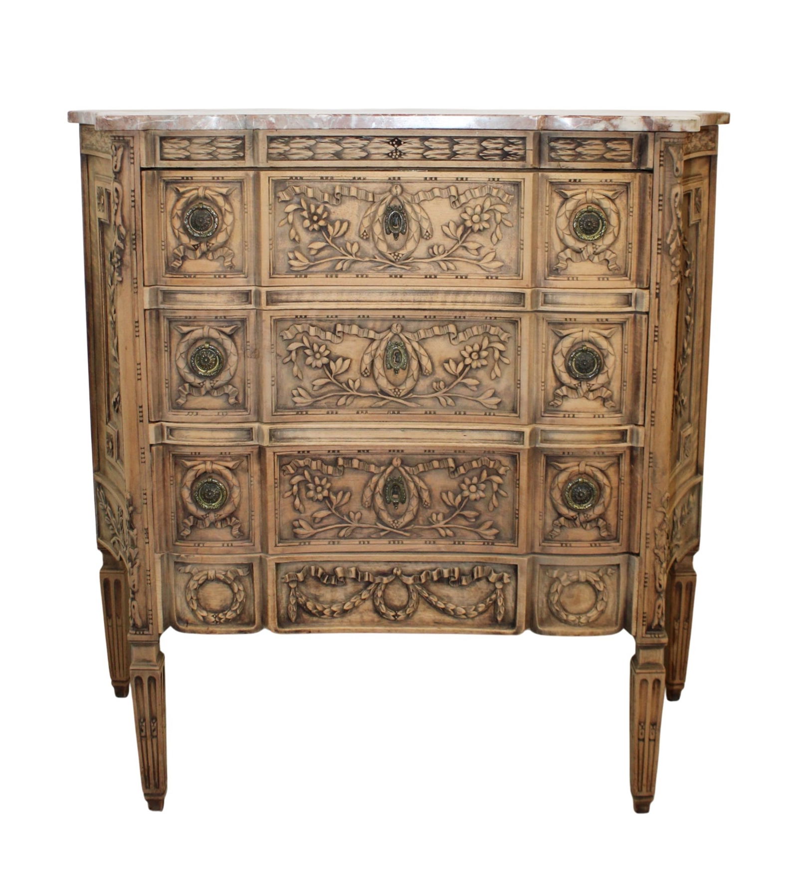 French 3 drawer relief carved commode with marble top: French 3 drawer relief carved commode with marble top. Late 19th century. 39 3/4"h x 40 1/2"w x 16 1/4"d