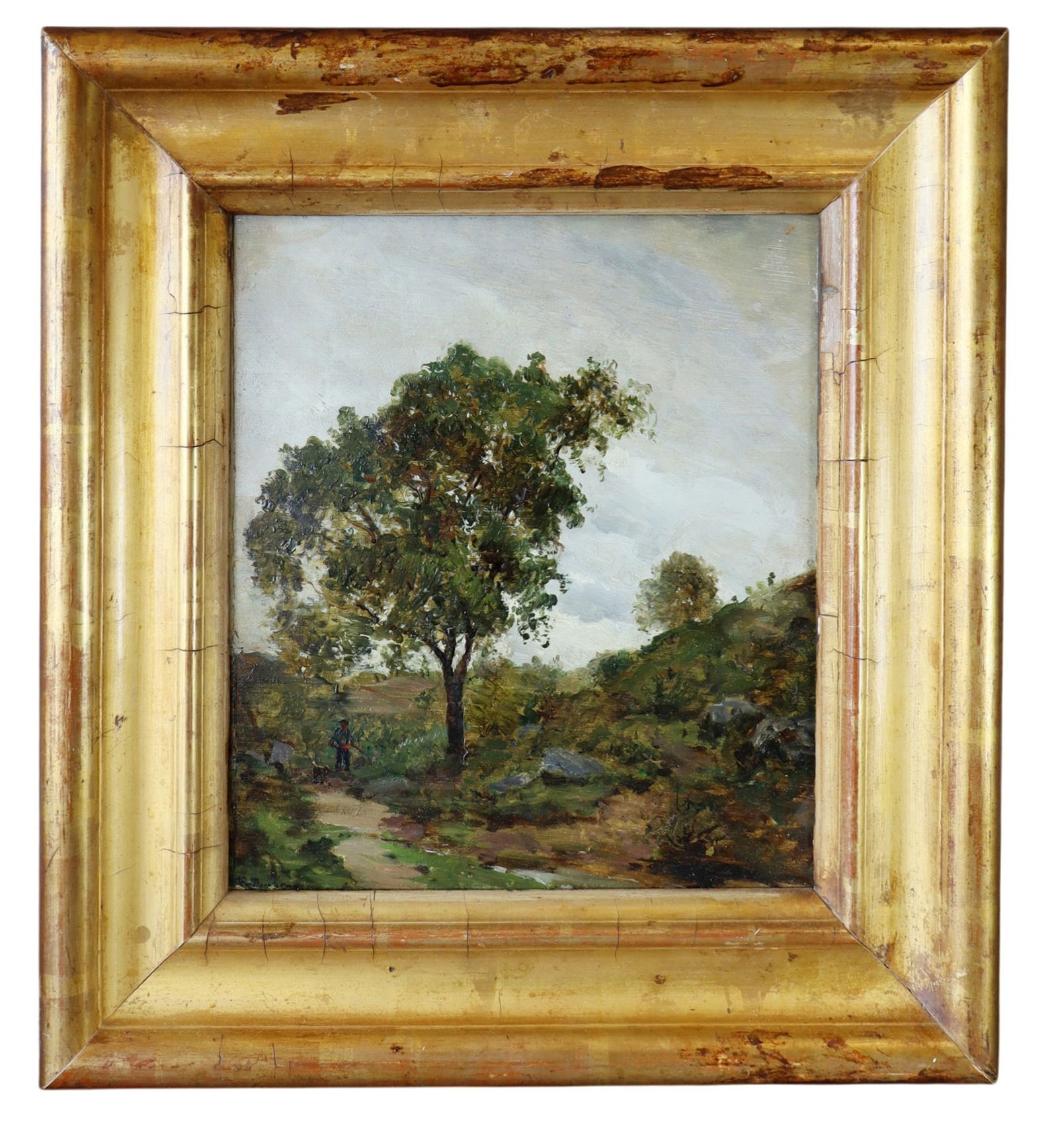 French oil on board painting landscape with trees: French oil on board painting landscape with hunter and dog under a tree. Signed lower left. Early 20th century. 17 3/8"h x 16"w, sight: 11 1/4" x 10". Weight: 4lbs