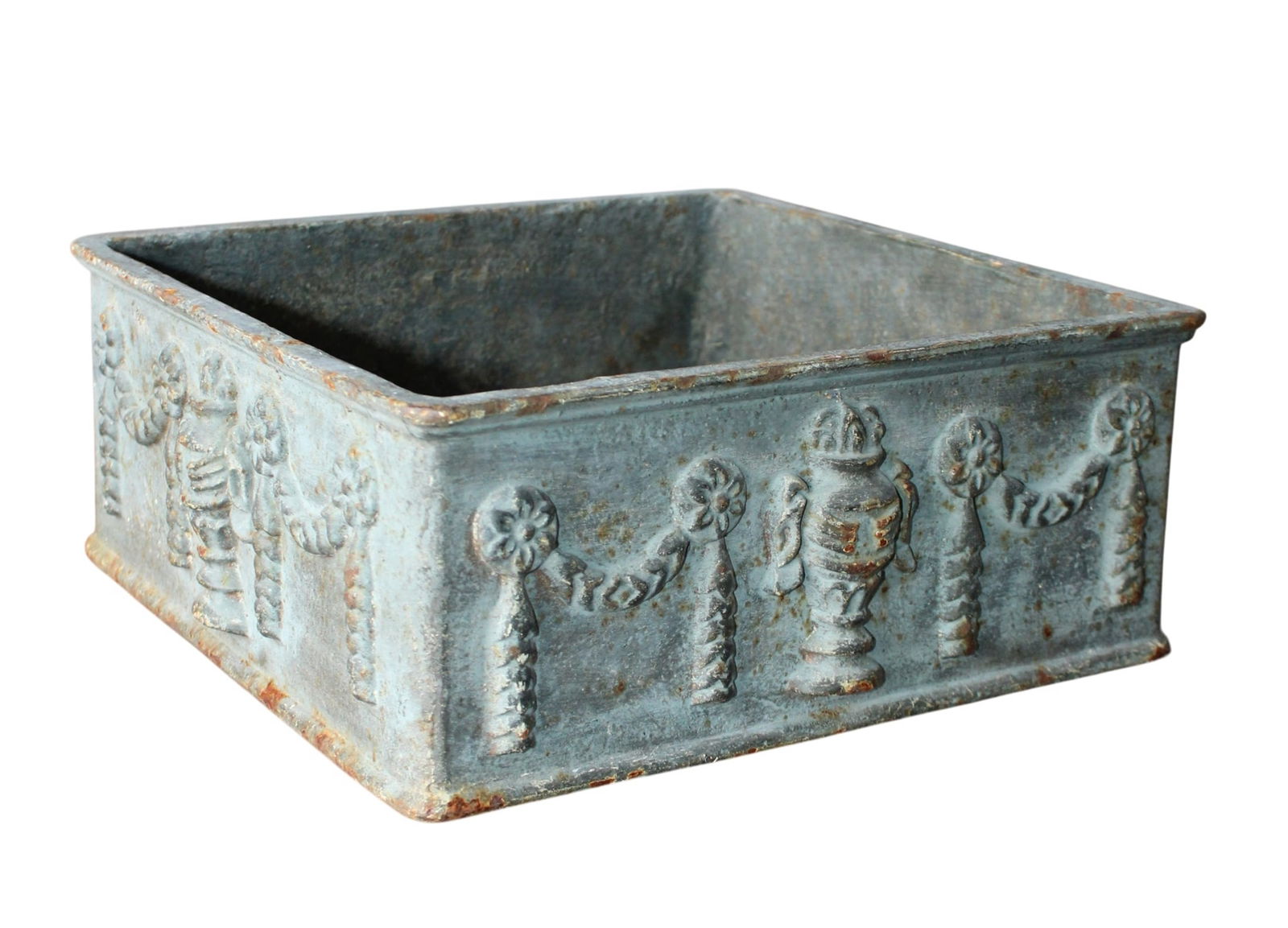 French cast square jardiniere with urns and garland: French cast square jardiniere with urns and garland. Mid 20th century. 4"h x 9" 5/8w x 9 5/8"d/ Weight: 14lbs