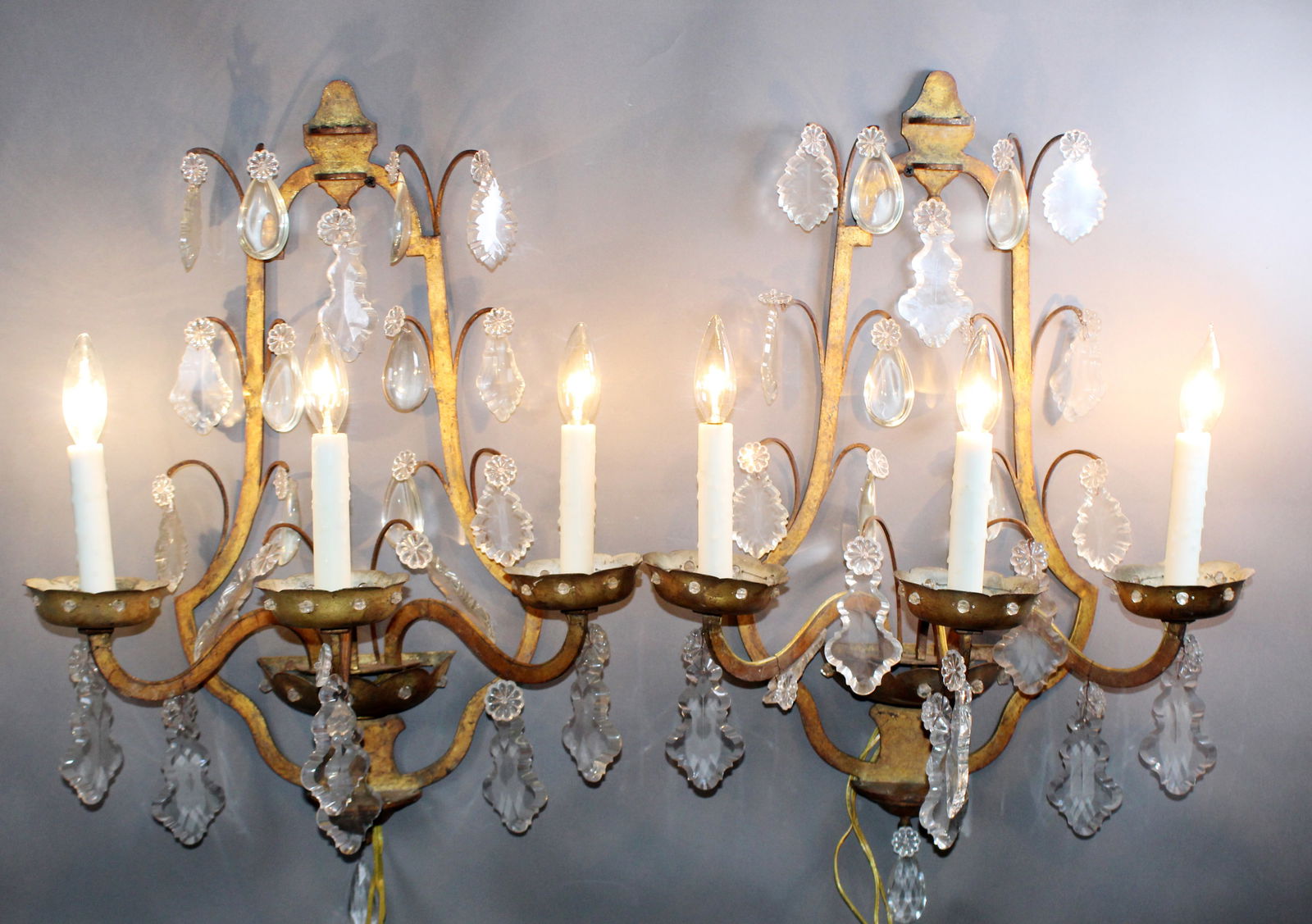 Pair of French iron and crystal 3 arm wall sconces (1 of 10)