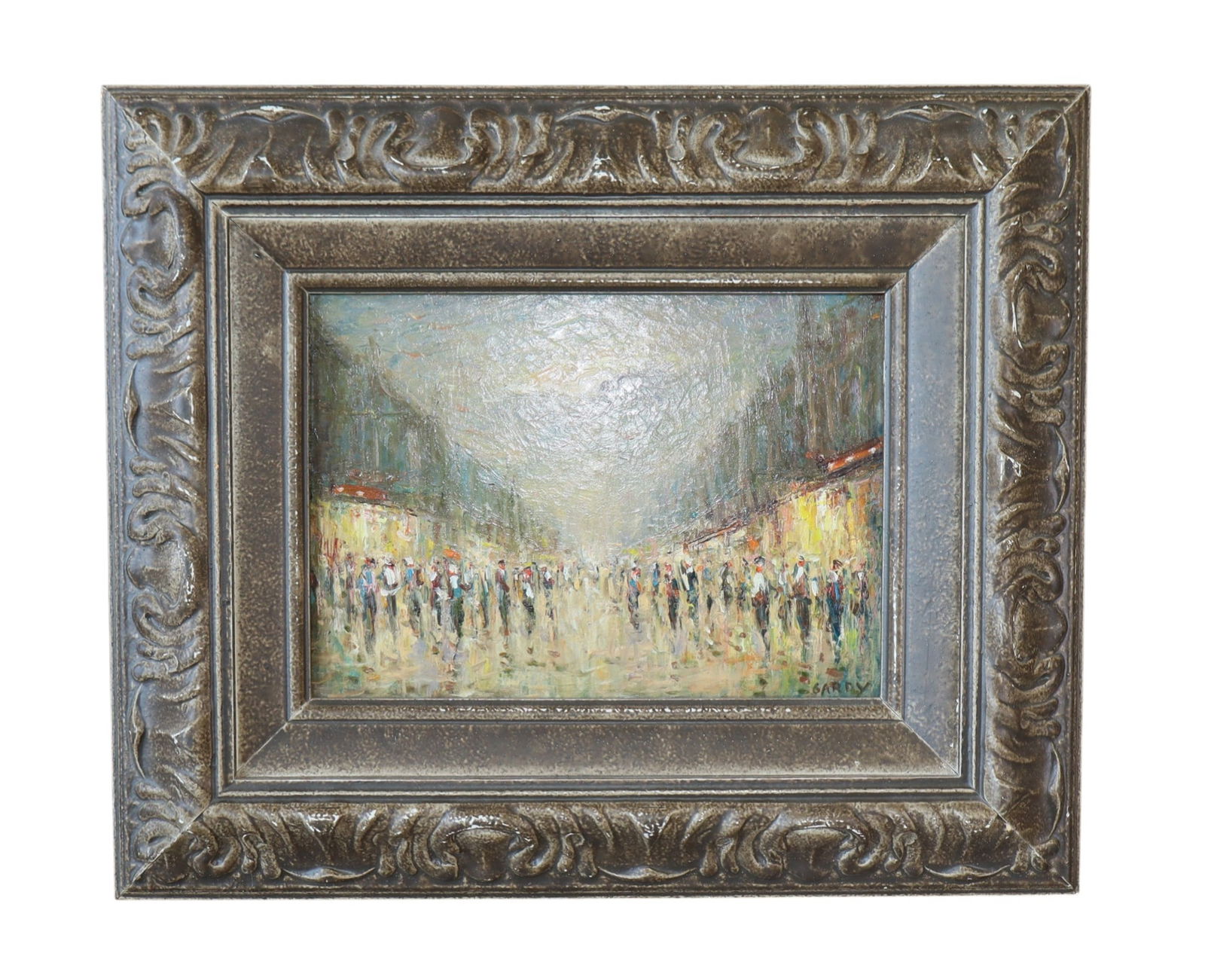 Petite French Charles Gardy (1949) oil on board painting Impressionistic street scene: Petite French Charles Gardy (1949) oil on board painting Impressionistic street scene. 14 1/2"x 12"w. Sight: 8 1/4" x 5 3/4". Weight: 1lb